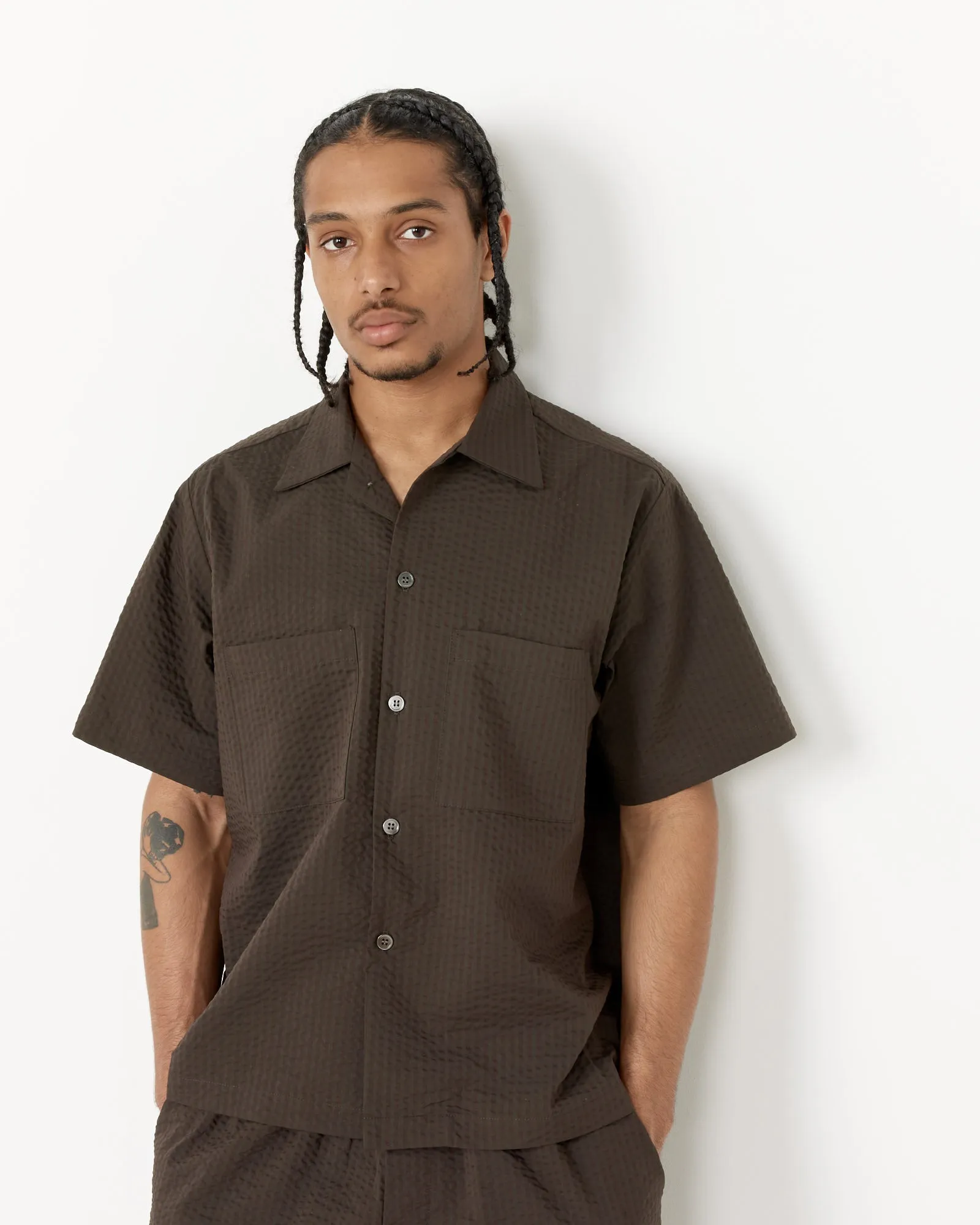 Acoustic Shirt Striped Seersucker in Green/Brown