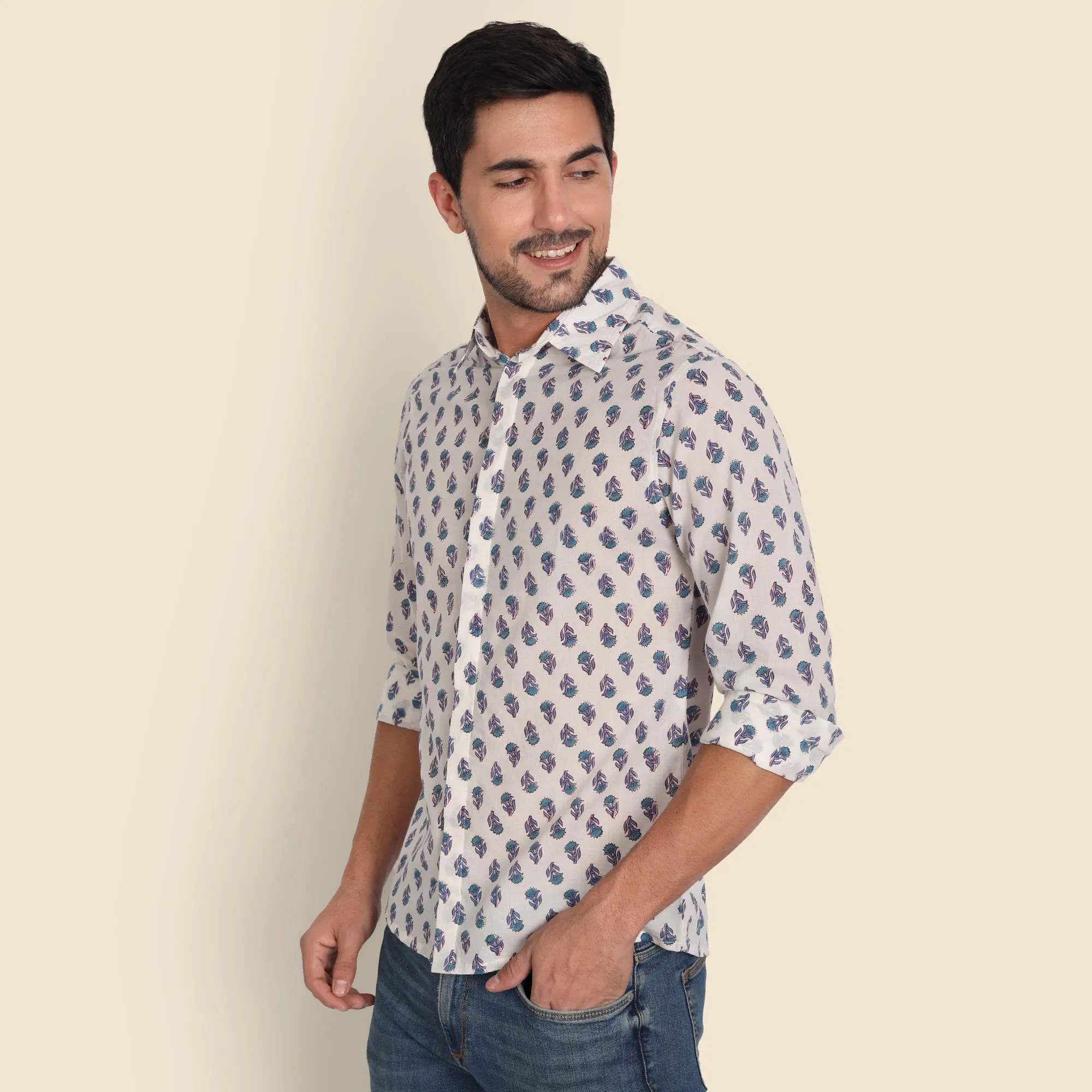 Aditya White Hand Block Printed Shirt for Men