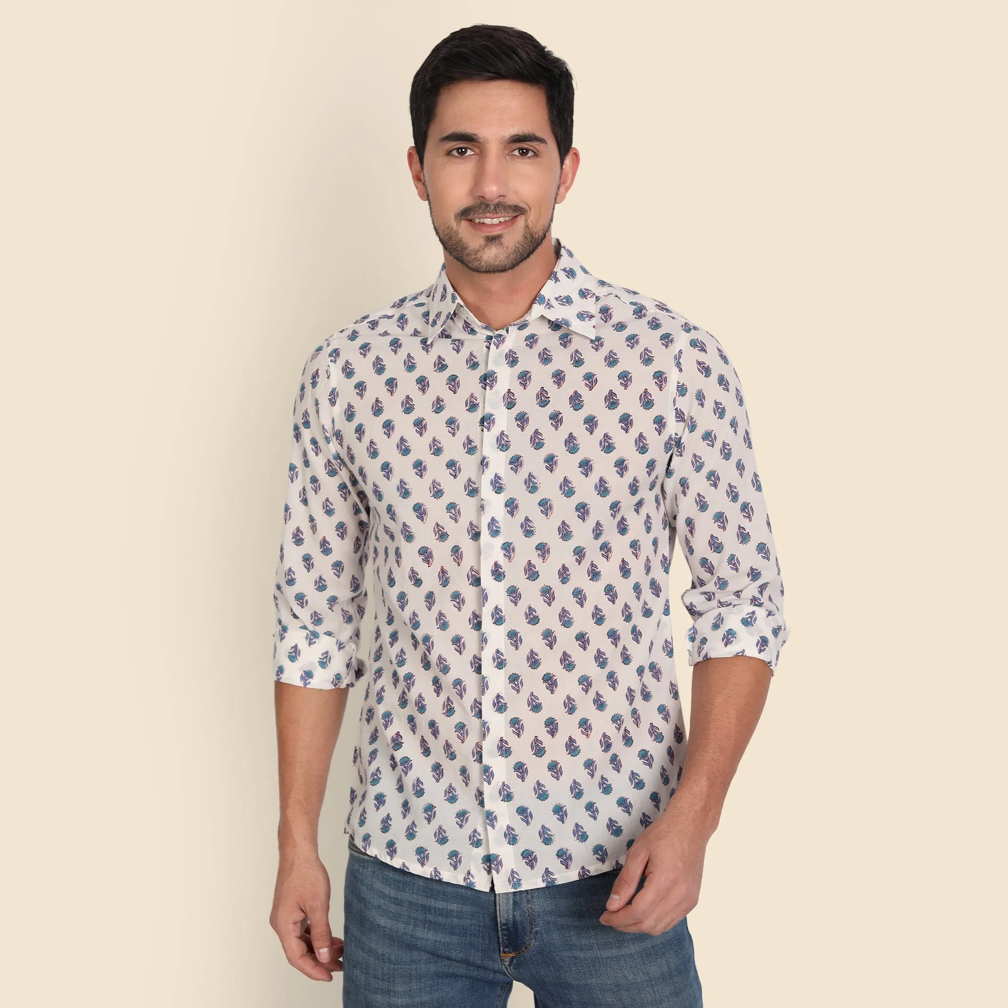 Aditya White Hand Block Printed Shirt for Men