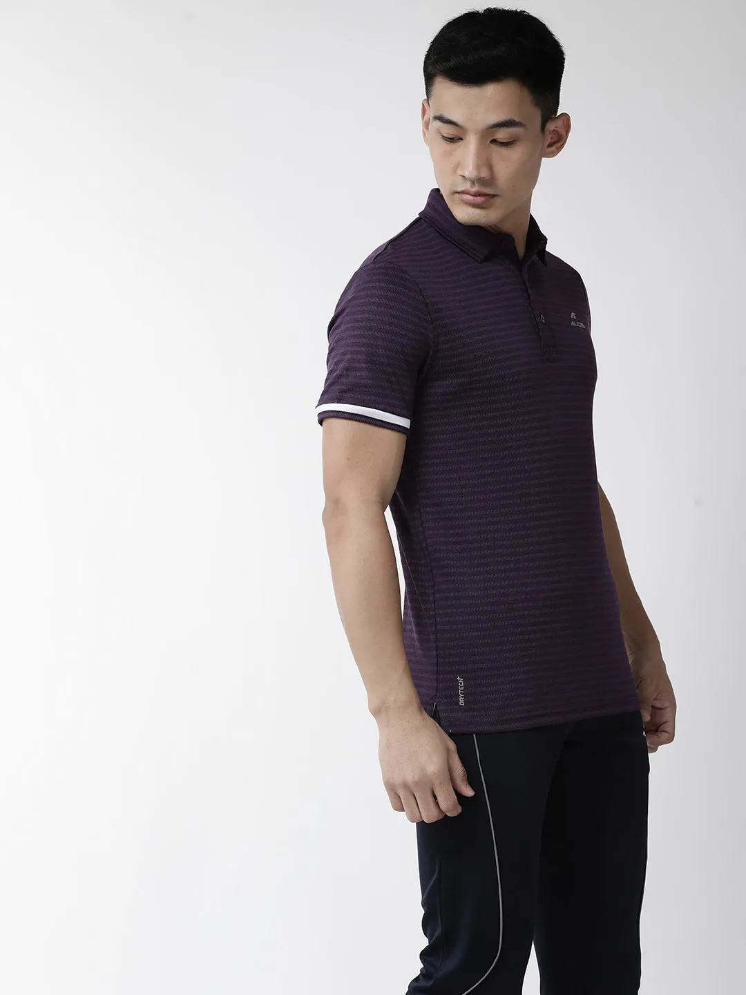 Alcis Men Aubergine Self Striped Polo Collar Outdoor T-shirt