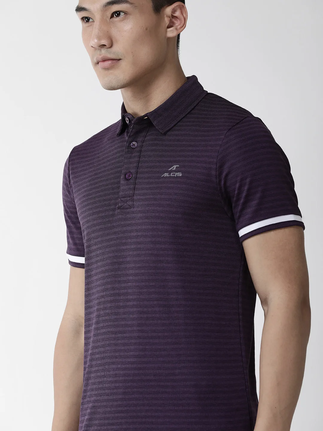 Alcis Men Aubergine Self Striped Polo Collar Outdoor T-shirt