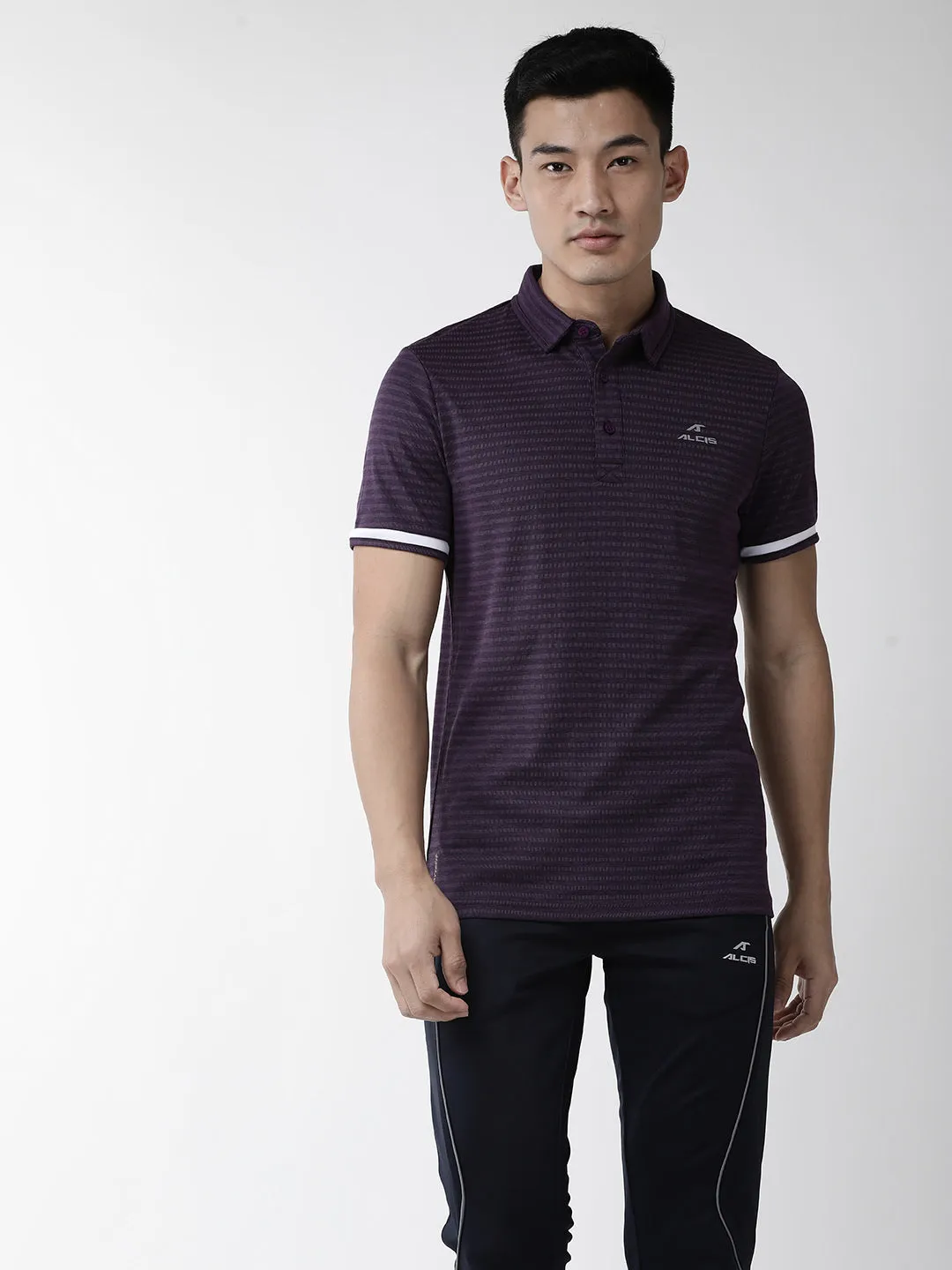 Alcis Men Aubergine Self Striped Polo Collar Outdoor T-shirt