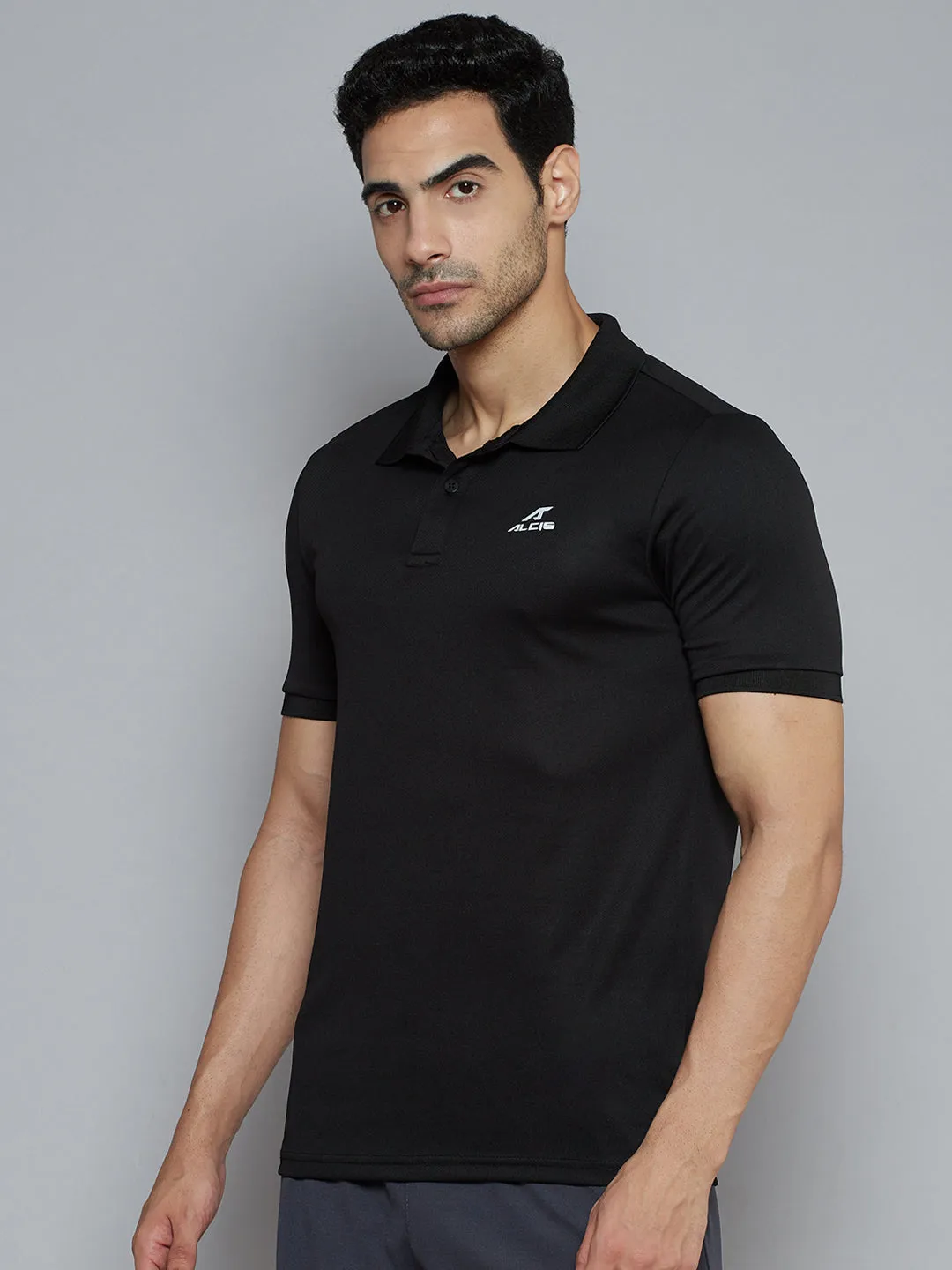 Alcis Men Black Solid Polo Collar Slim Fit Wonder T-shirt