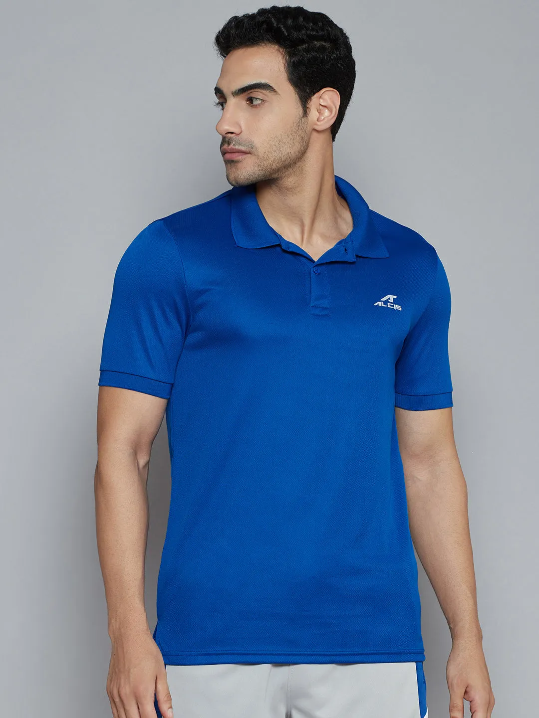 Alcis Men Blue Solid Polo Collar Slim Fit Wonder T-shirt