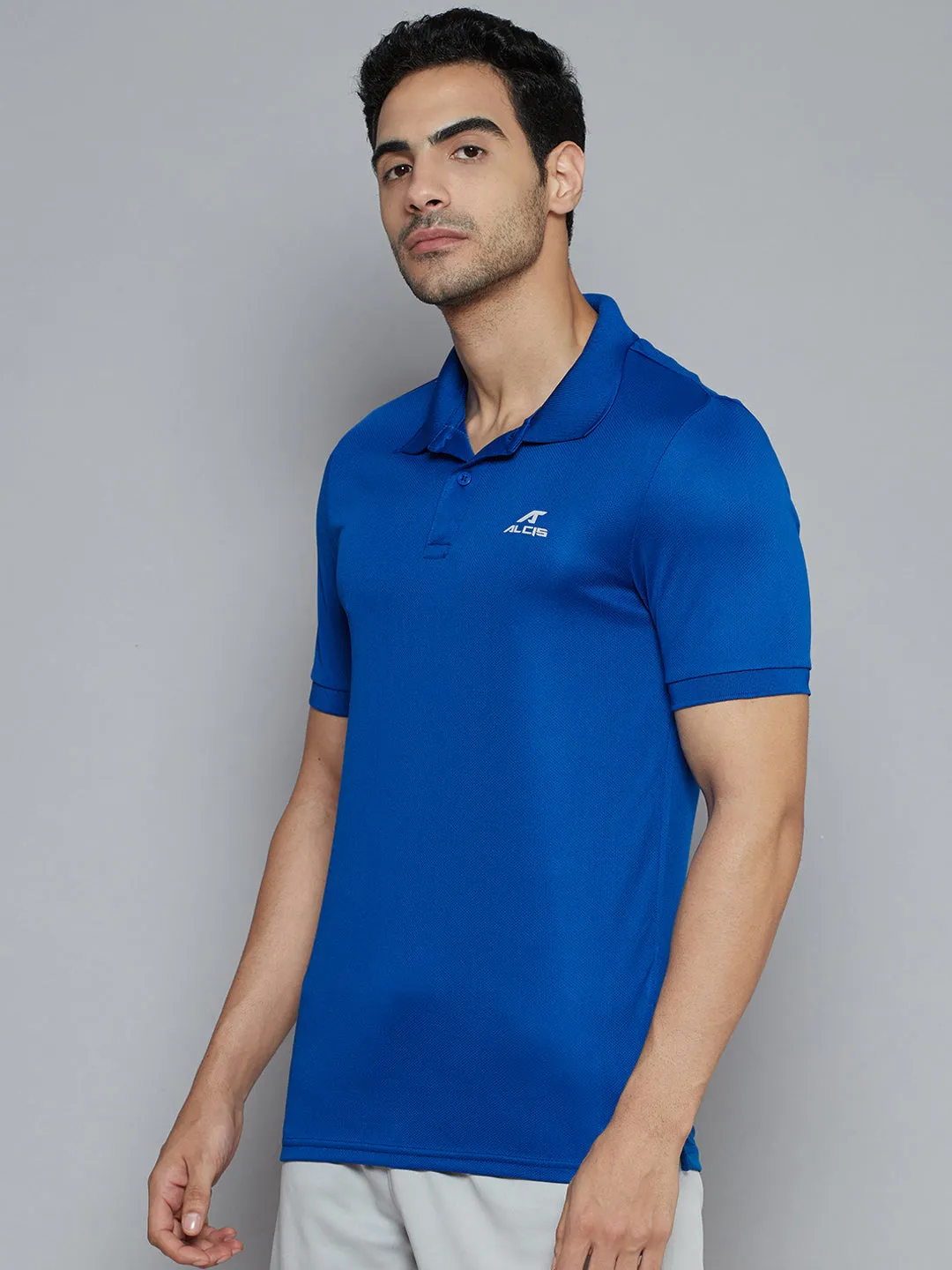 Alcis Men Blue Solid Polo Collar Slim Fit Wonder T-shirt