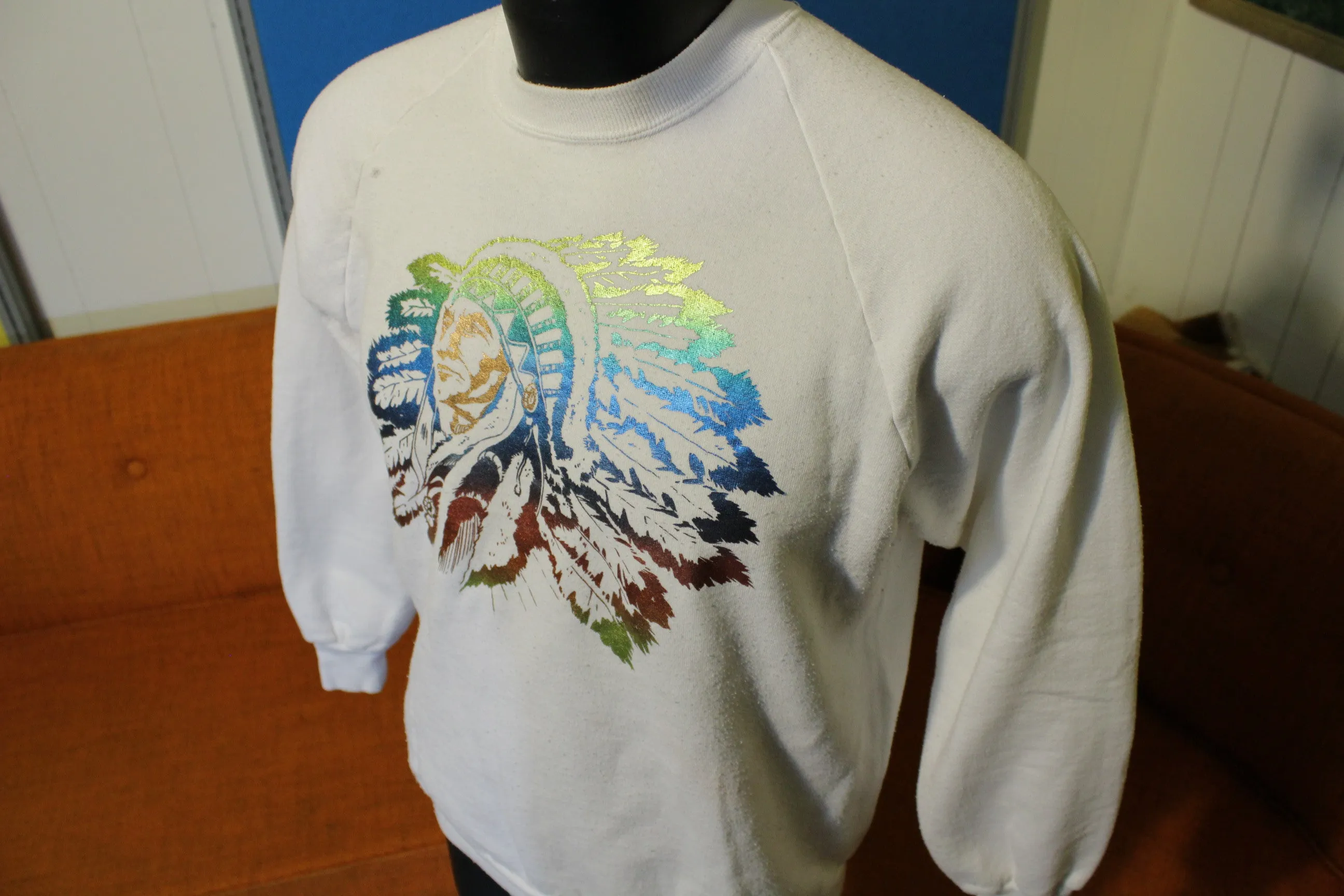 American Indian Native Tribal Foil Print Vintage 80's Sweatshirt. Metallic Graphics