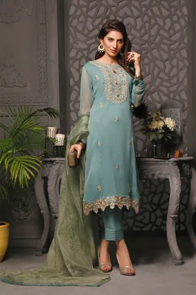 Antique Zari Embroidered Chiffon Organza 3pc Suit | Nikhaar | S781