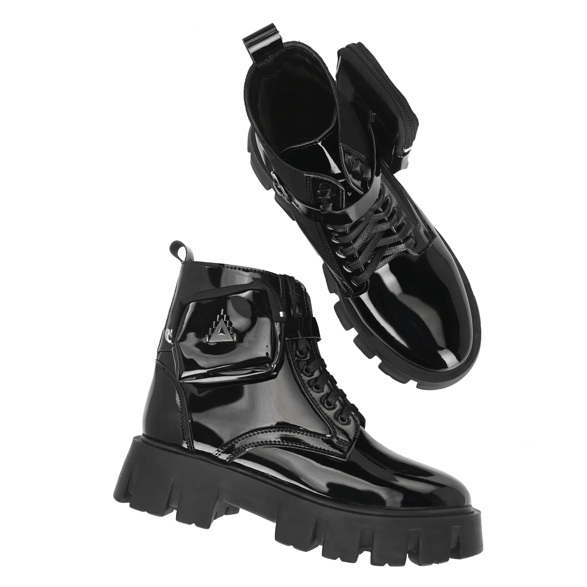 Attitudist Unisex Glossy Black Stylish Side Pocket High Heel Ankle Boots