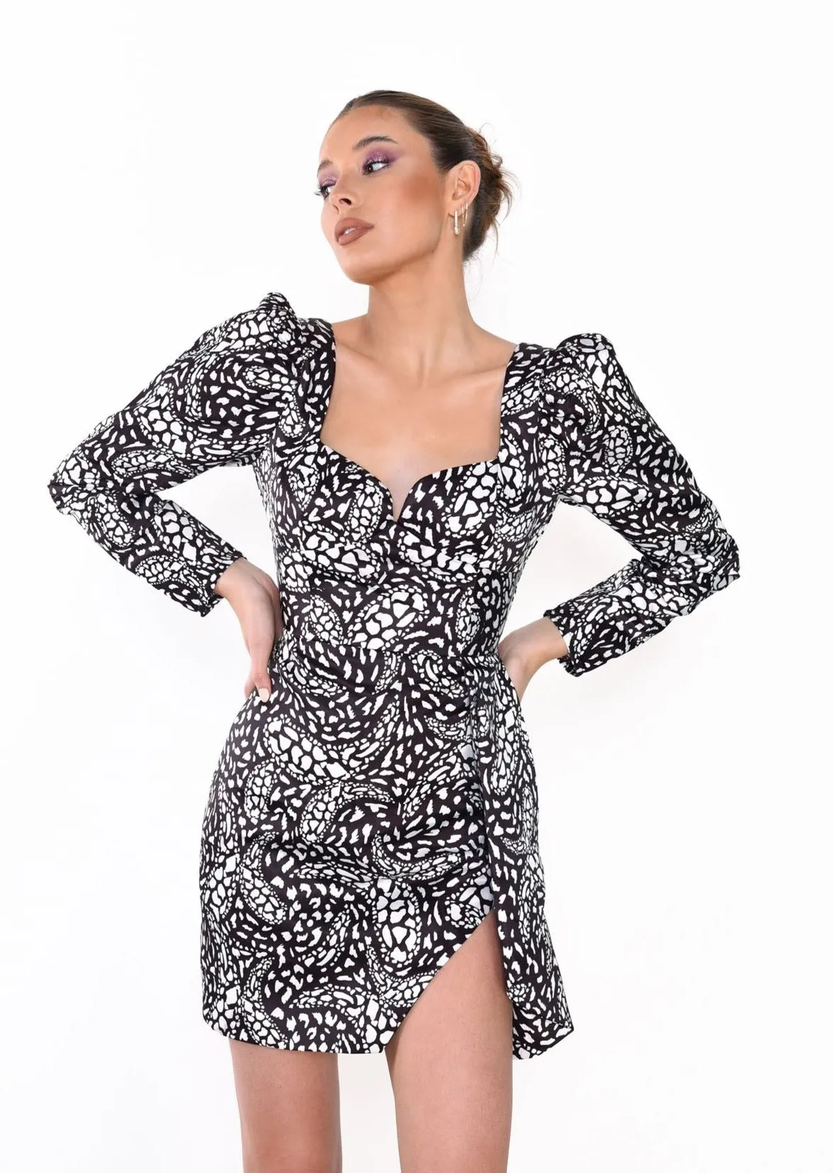 Black White Abstract Mono Satin Long Sleeve Mini Dress