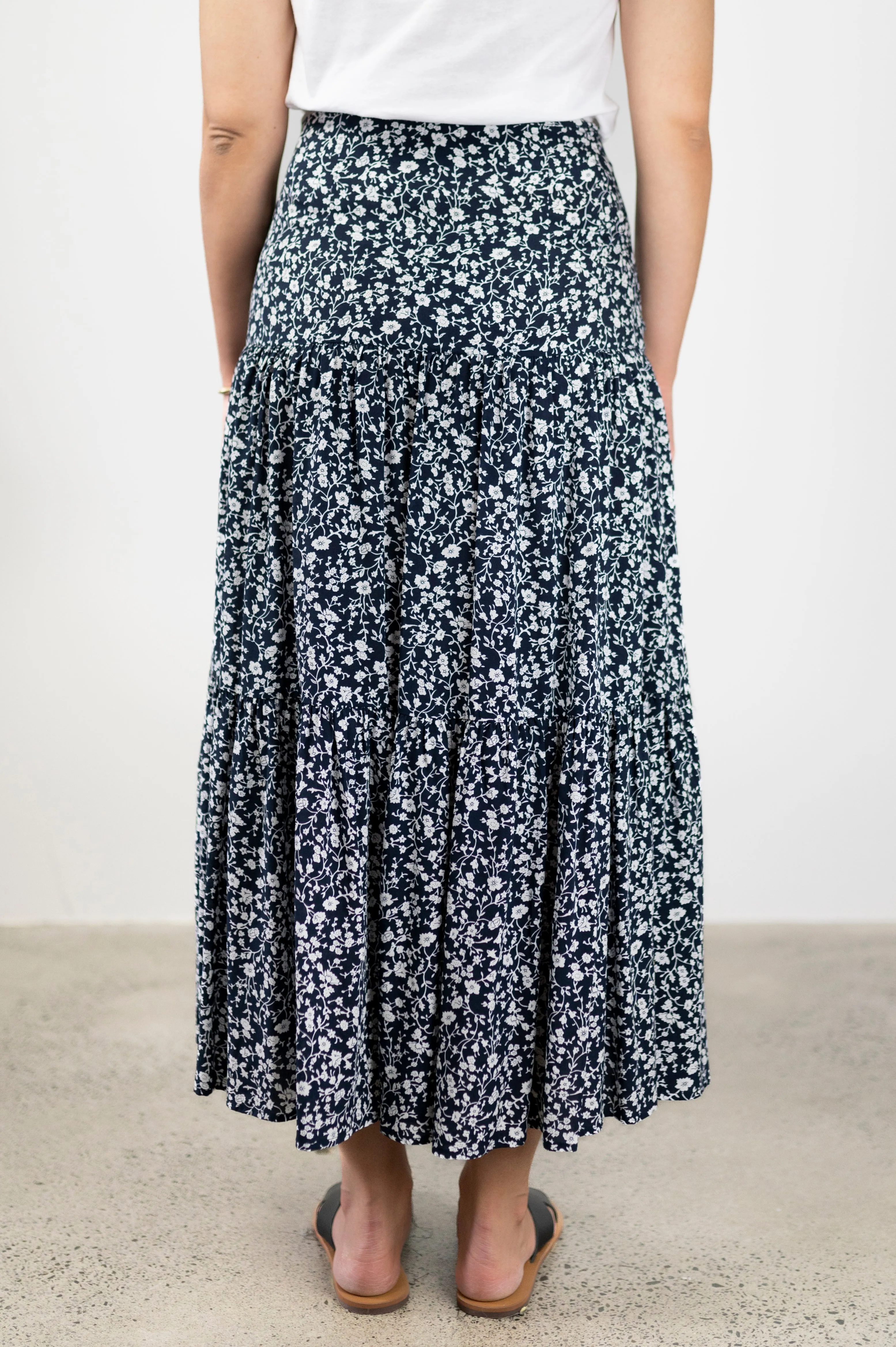 Blazing Navy Floral Vines Tiered Midi Skirt