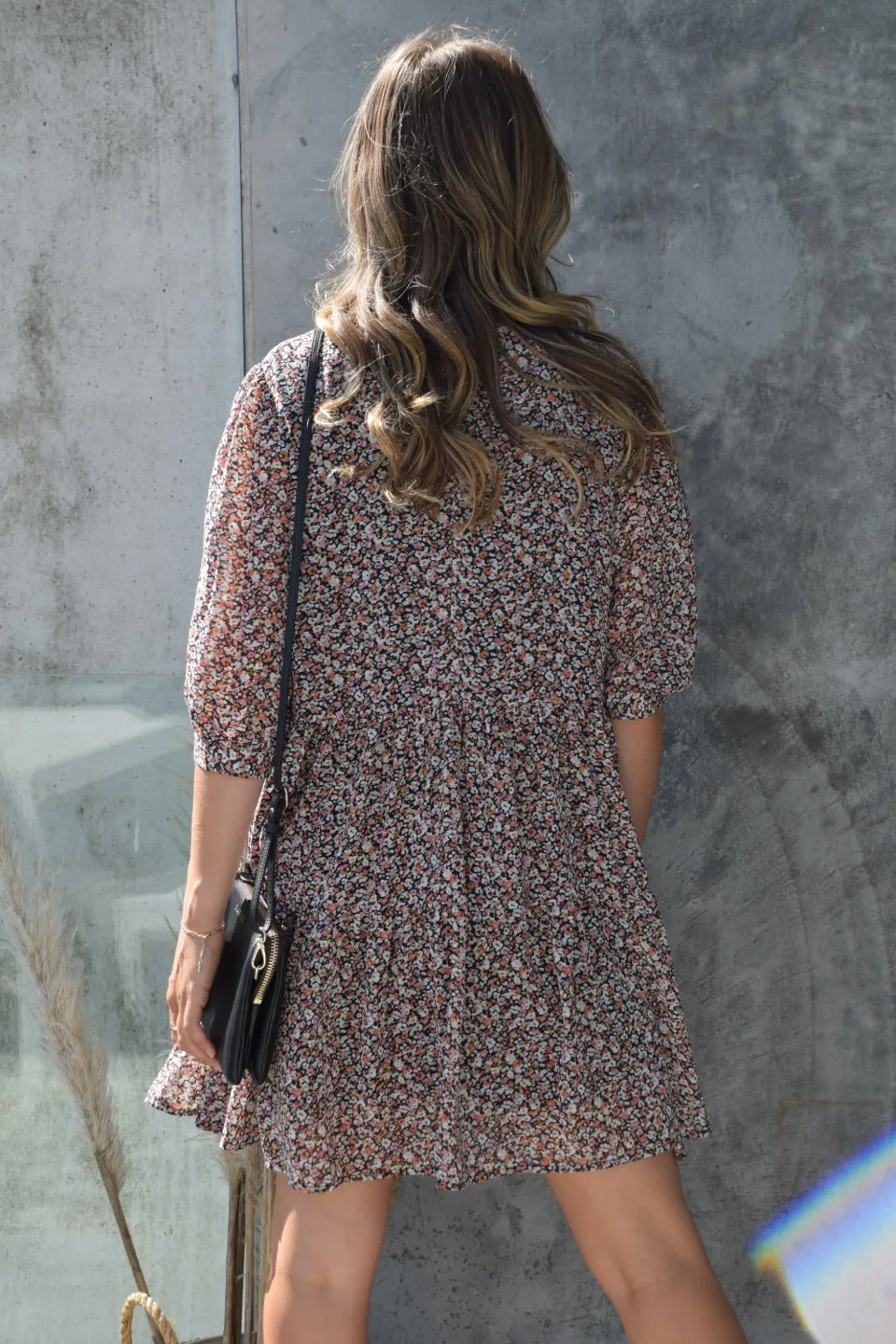 Captivating Navy Ditsy Floral Puff Sleeve Tiered Smock Dress