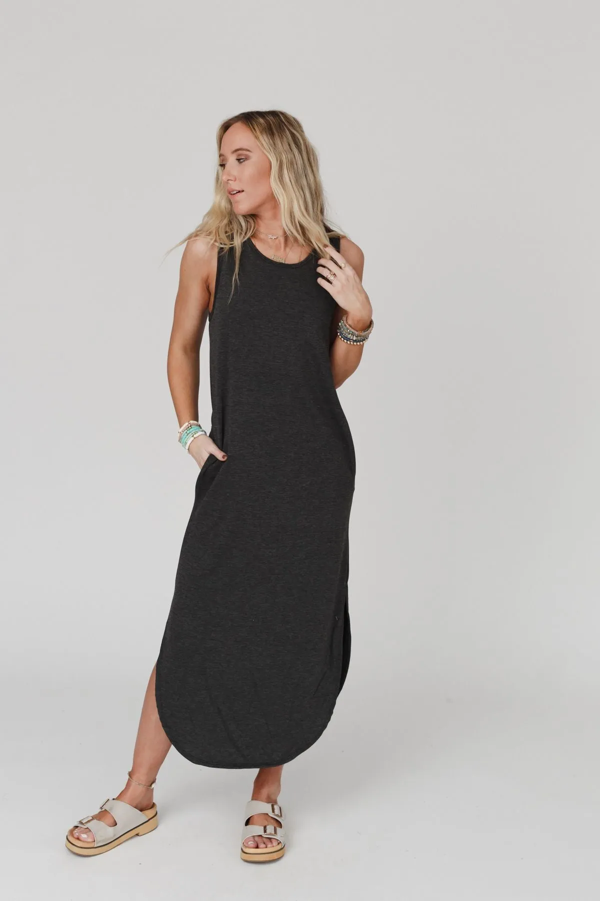 Cassie Sleeveless Pocket Maxi Dress - Charcoal