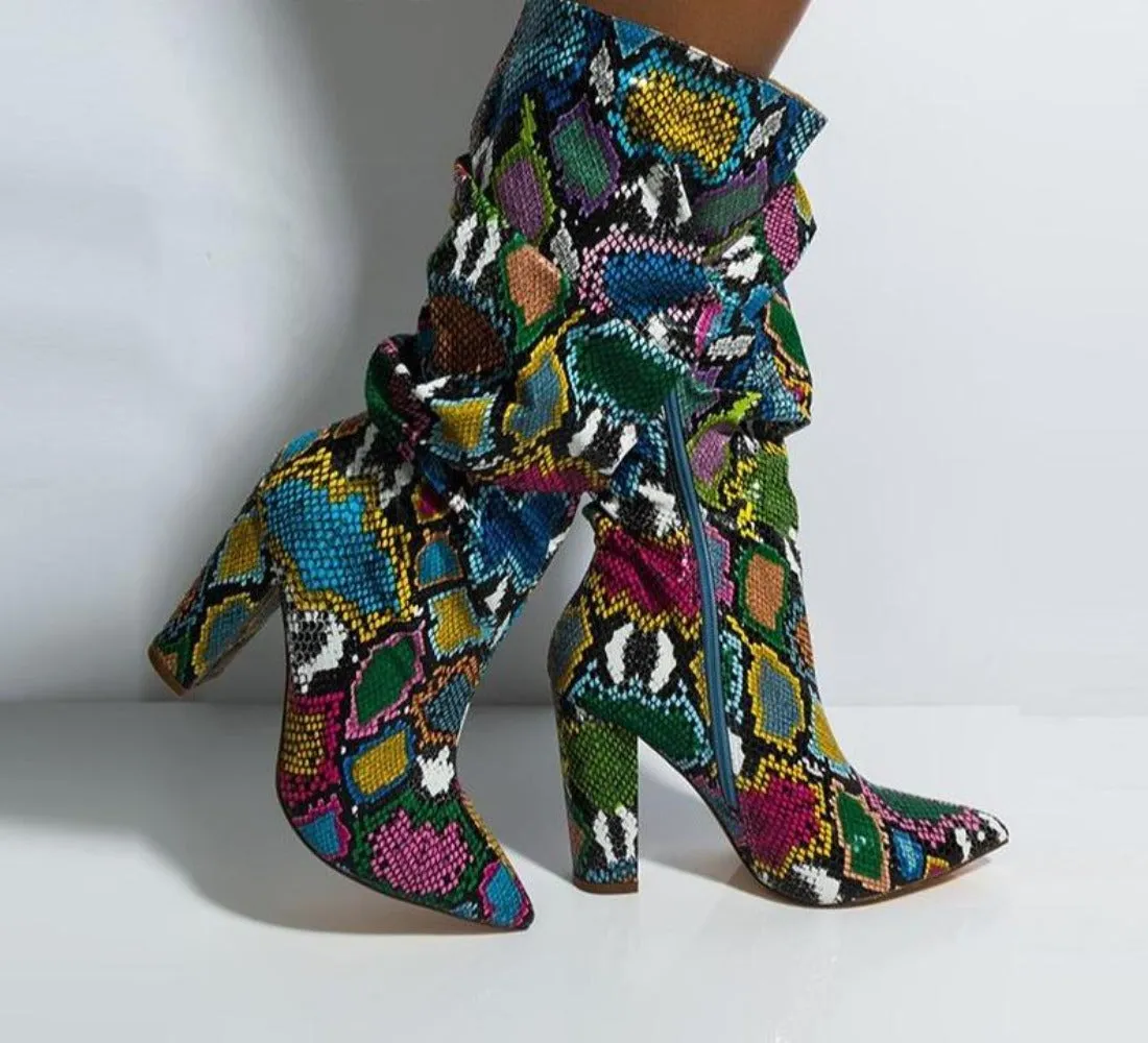 Colorful Snake Skin Thick High Heel Pointed Toe Zip Pleated Boots