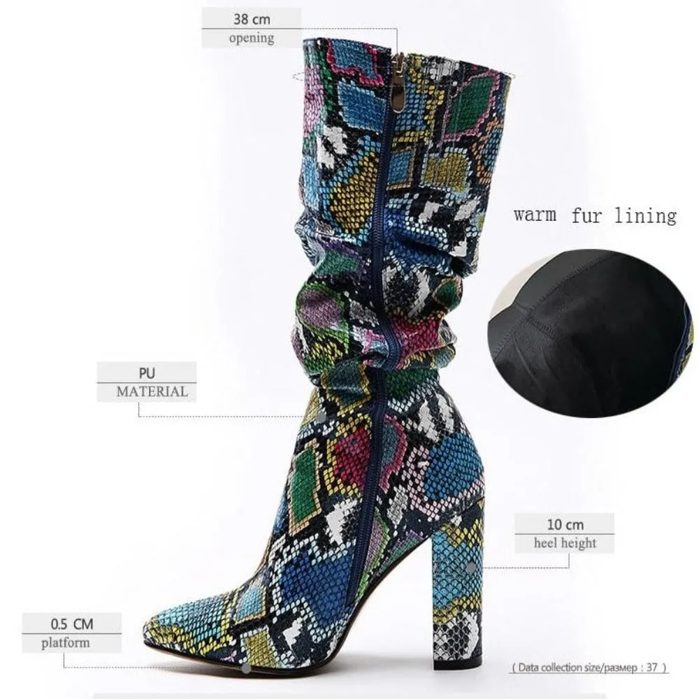 Colorful Snake Skin Thick High Heel Pointed Toe Zip Pleated Boots