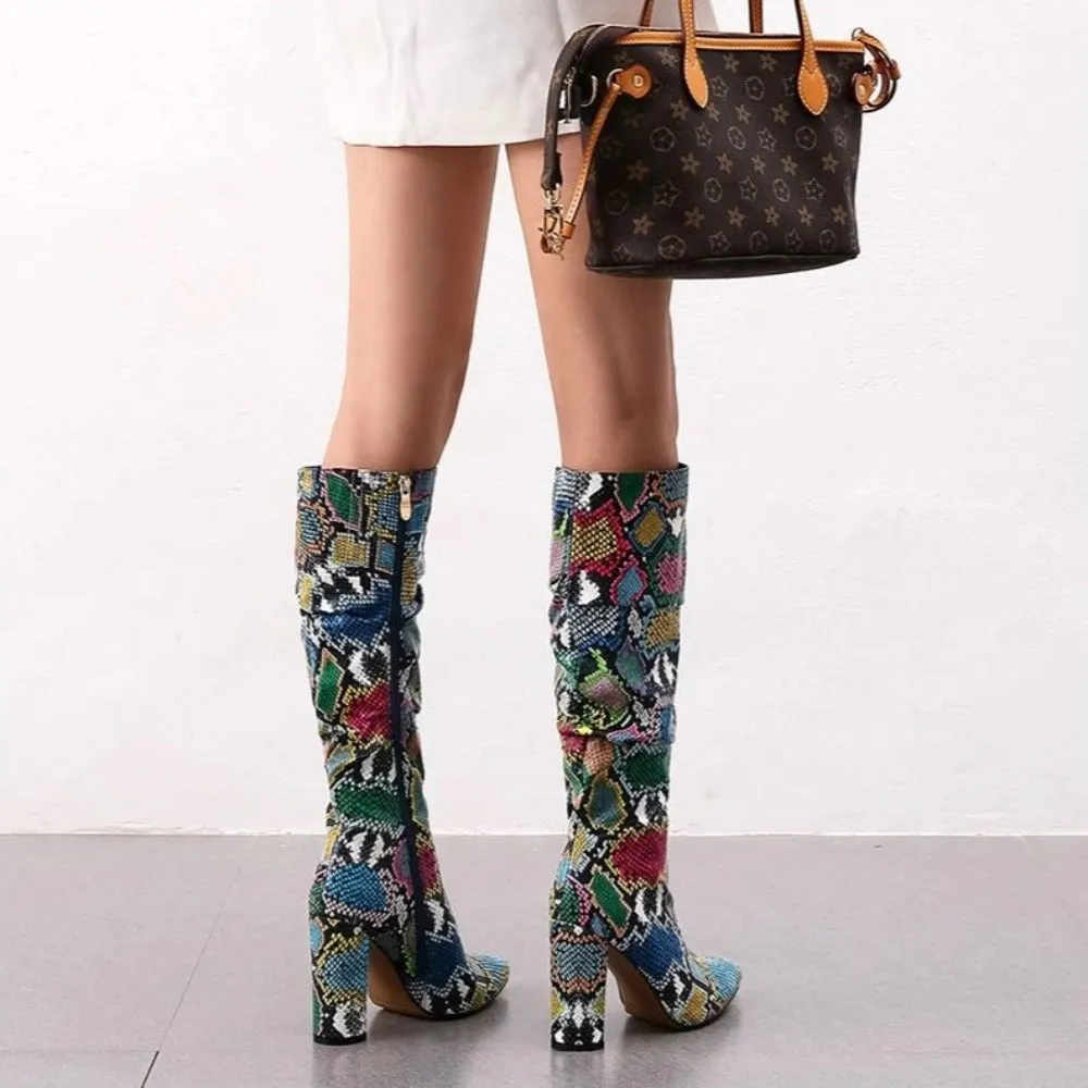 Colorful Snake Skin Thick High Heel Pointed Toe Zip Pleated Boots