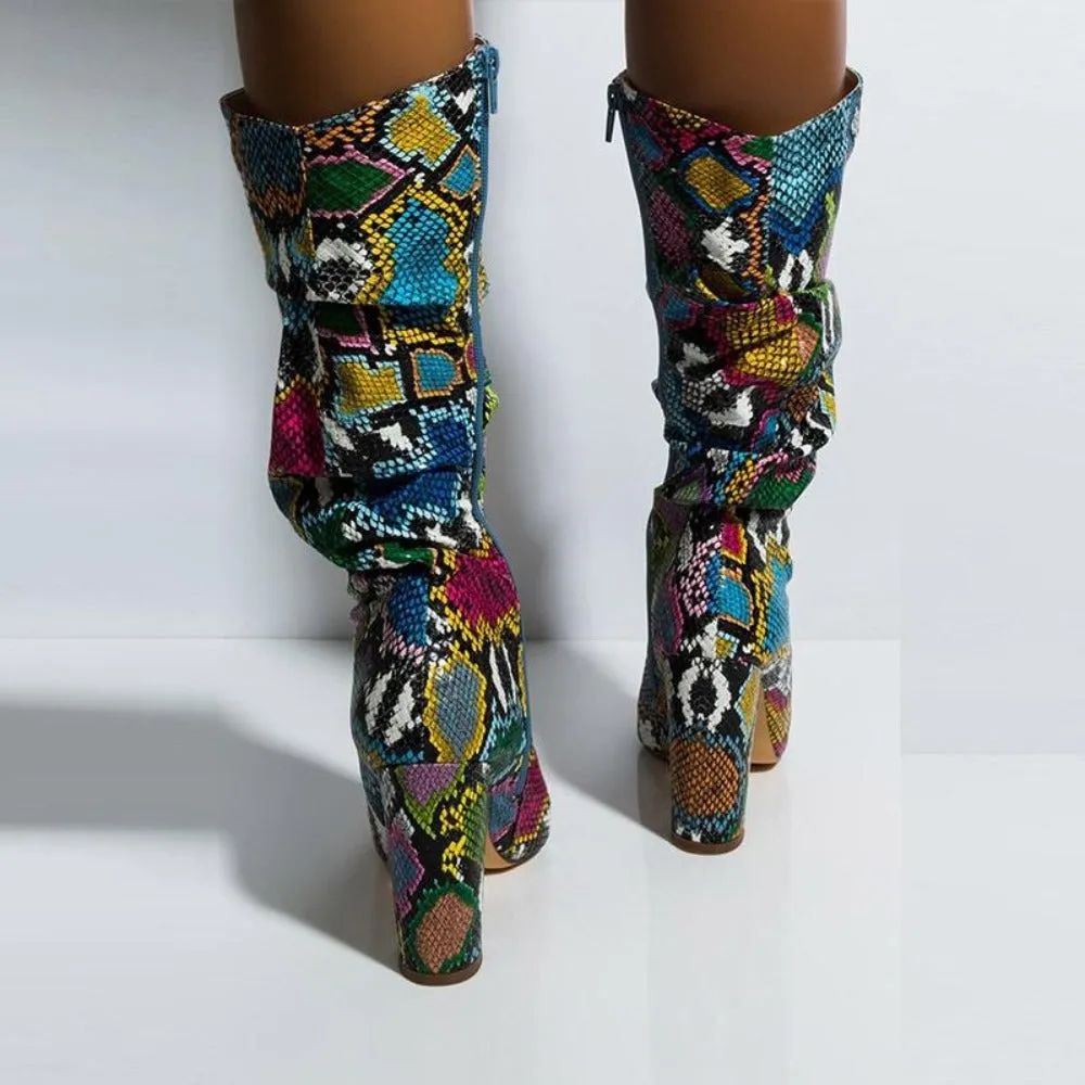 Colorful Snake Skin Thick High Heel Pointed Toe Zip Pleated Boots