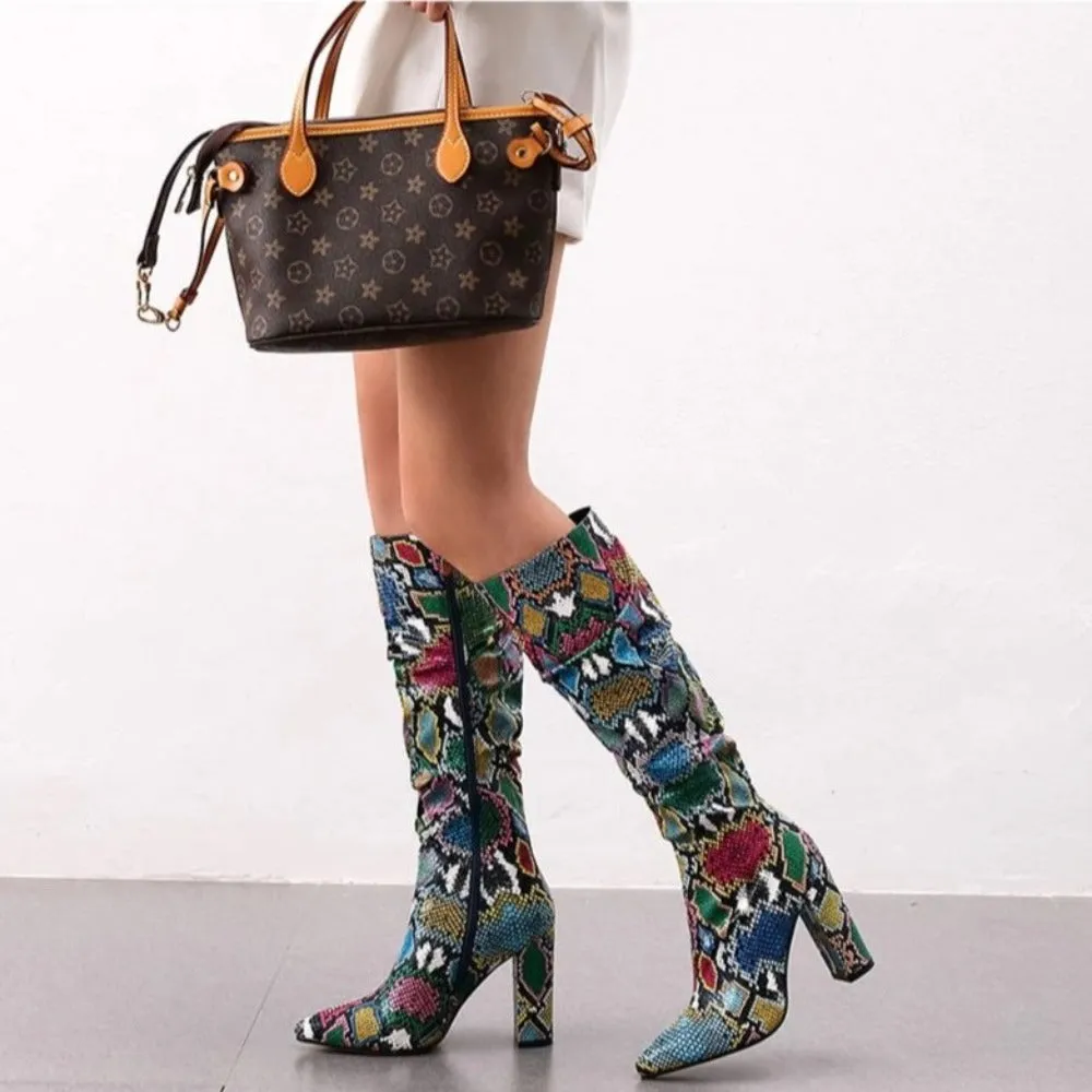 Colorful Snake Skin Thick High Heel Pointed Toe Zip Pleated Boots