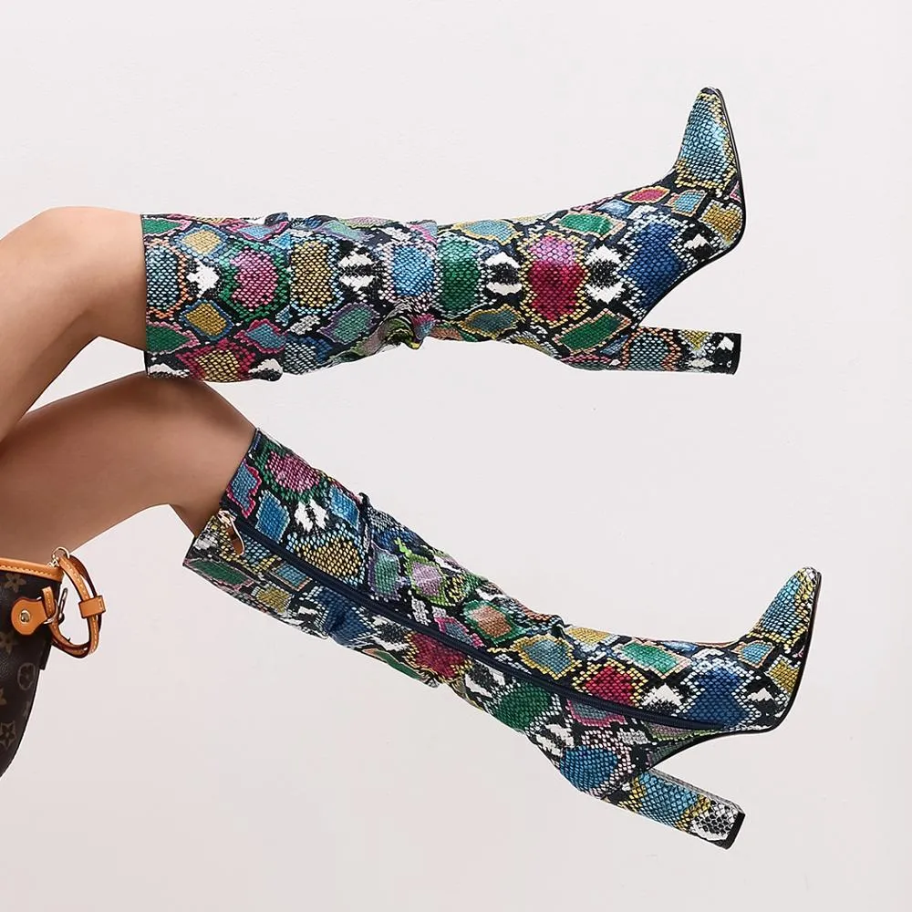 Colorful Snake Skin Thick High Heel Pointed Toe Zip Pleated Boots