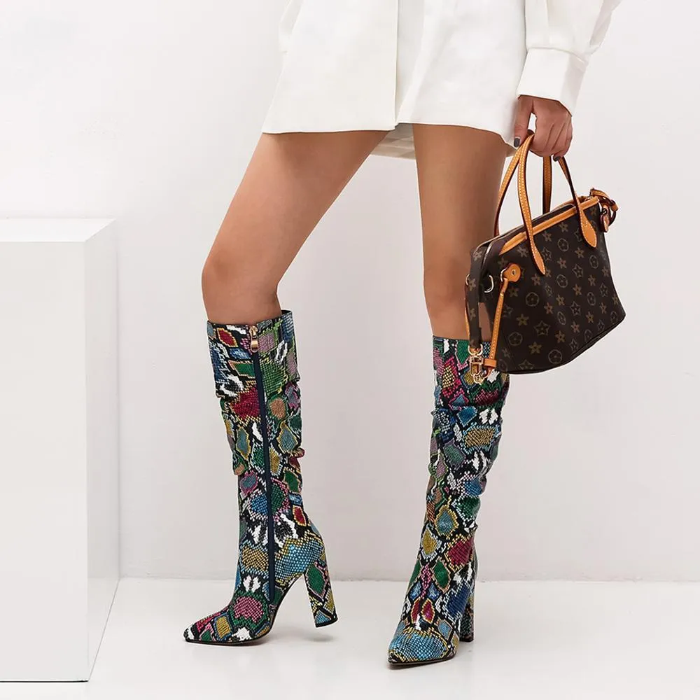 Colorful Snake Skin Thick High Heel Pointed Toe Zip Pleated Boots