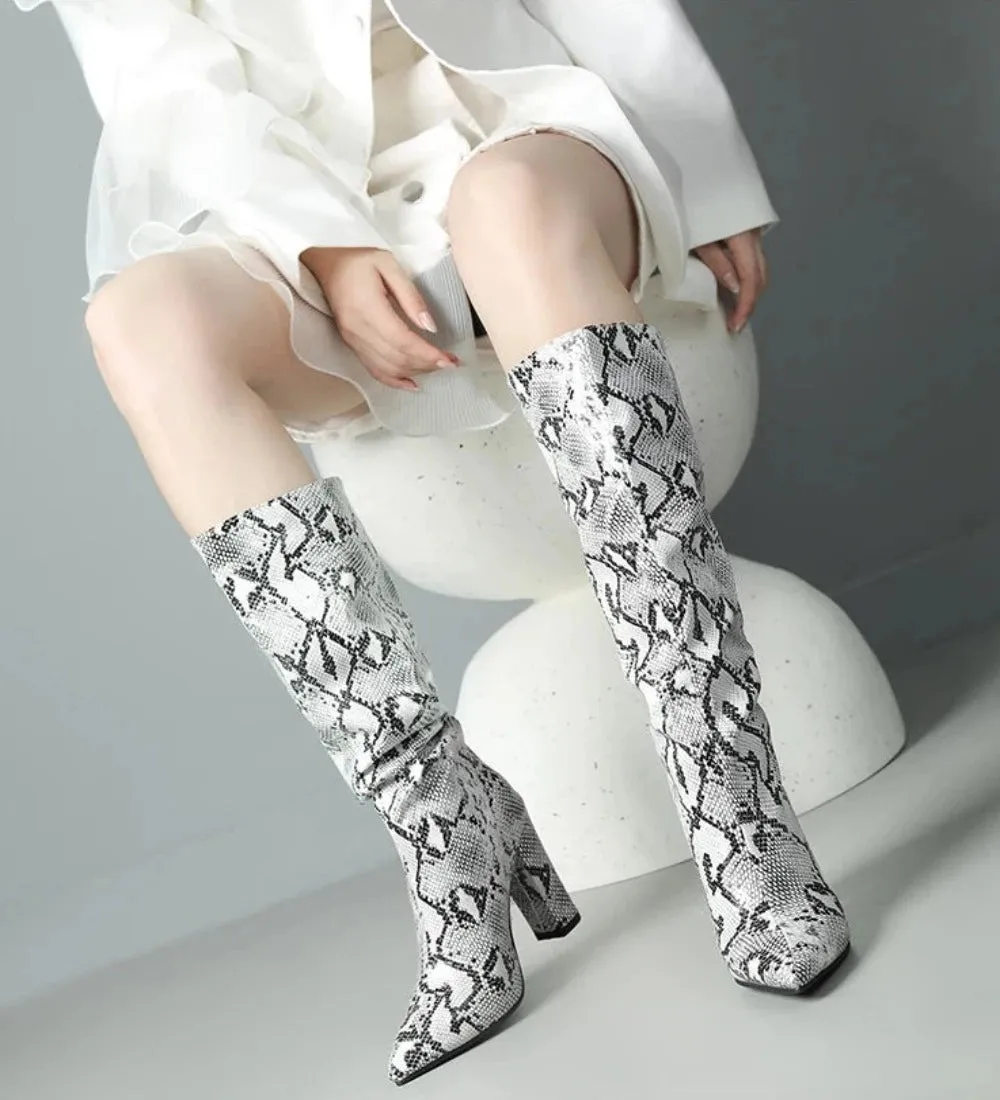 Colorful Snake Skin Thick High Heel Pointed Toe Zip Pleated Boots