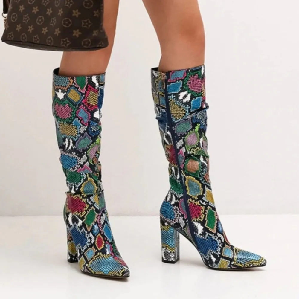 Colorful Snake Skin Thick High Heel Pointed Toe Zip Pleated Boots