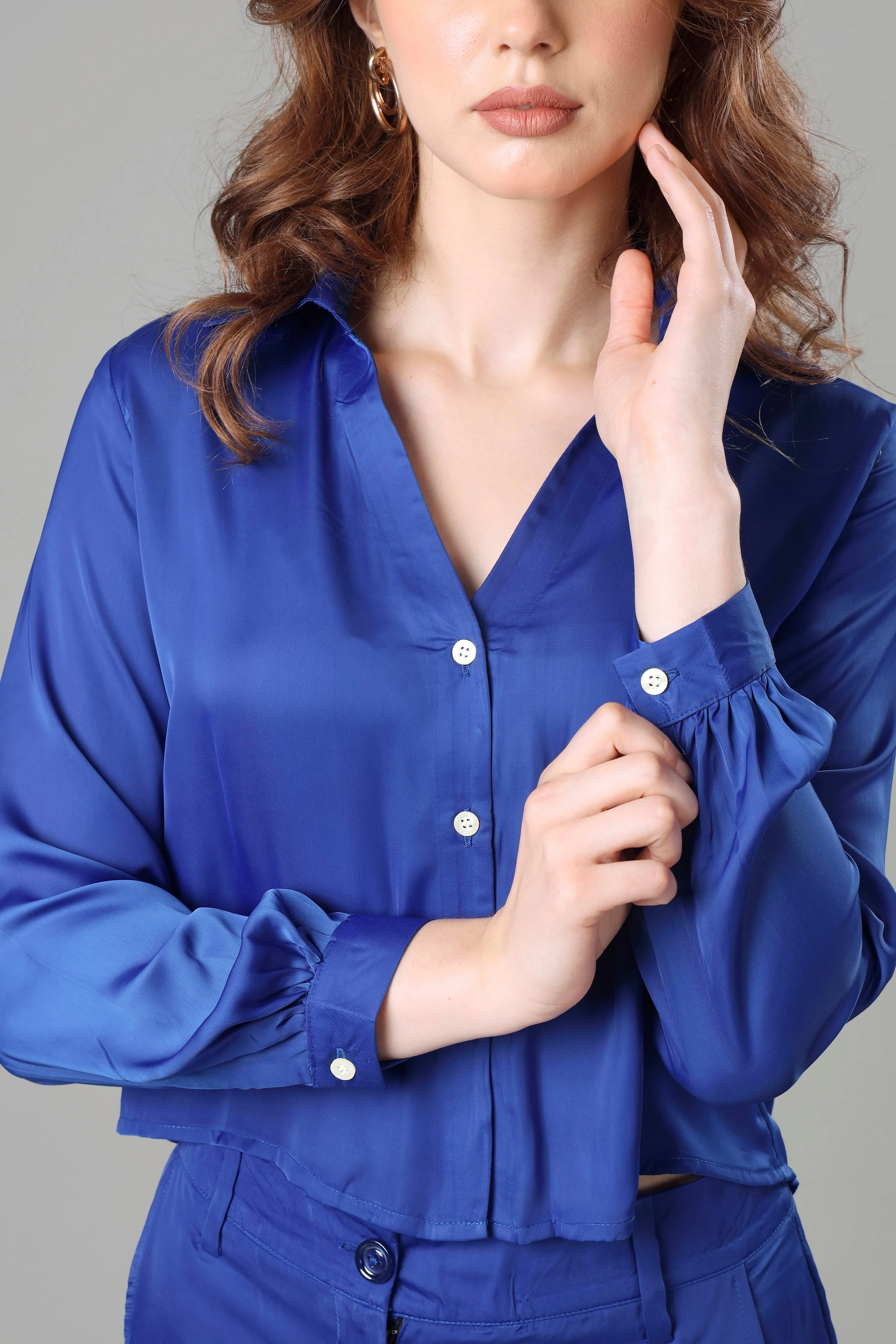 Cool Blue Cropped Shirt For Women