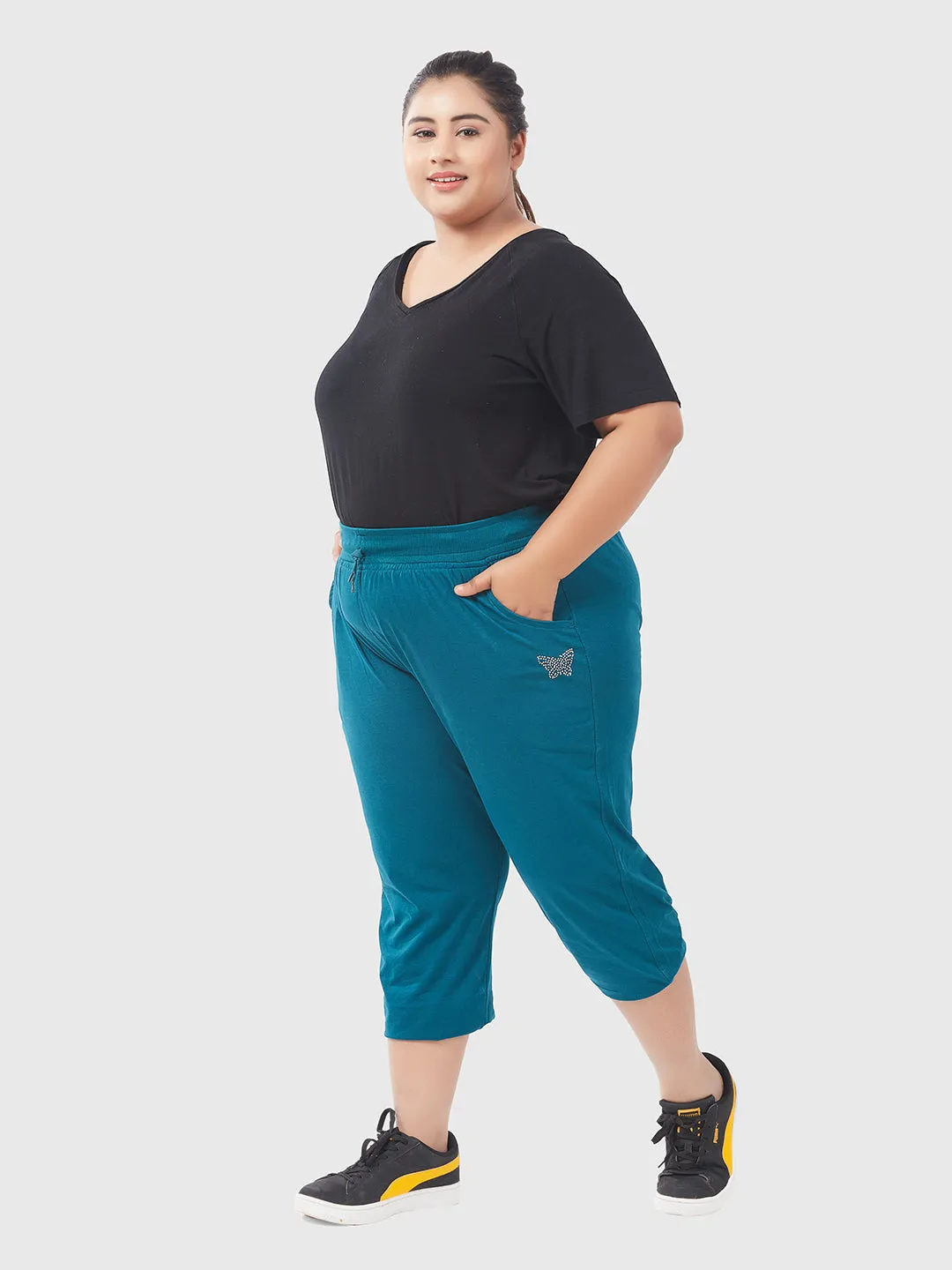 Cotton Capris For Women - Half Capri Pants - Teal Blue