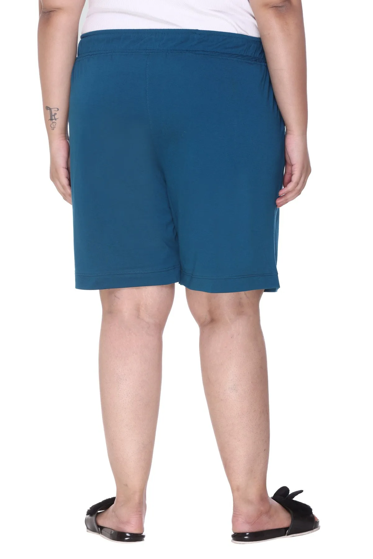 Cotton Shorts For Women - Plain Bermuda Combo (Black & Teal Blue)