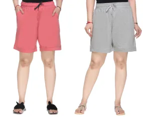 Cotton Shorts For Women - Plain Bermuda Combo (Rosy Pink & Grey)