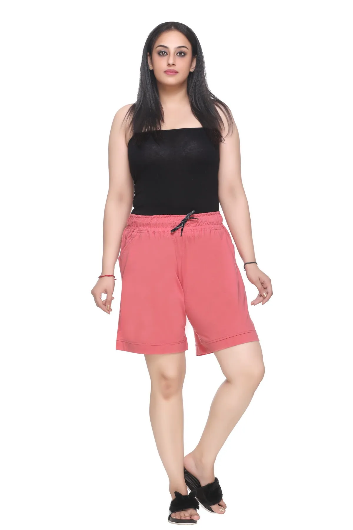 Cotton Shorts For Women - Plain Bermuda - Rosy Pink