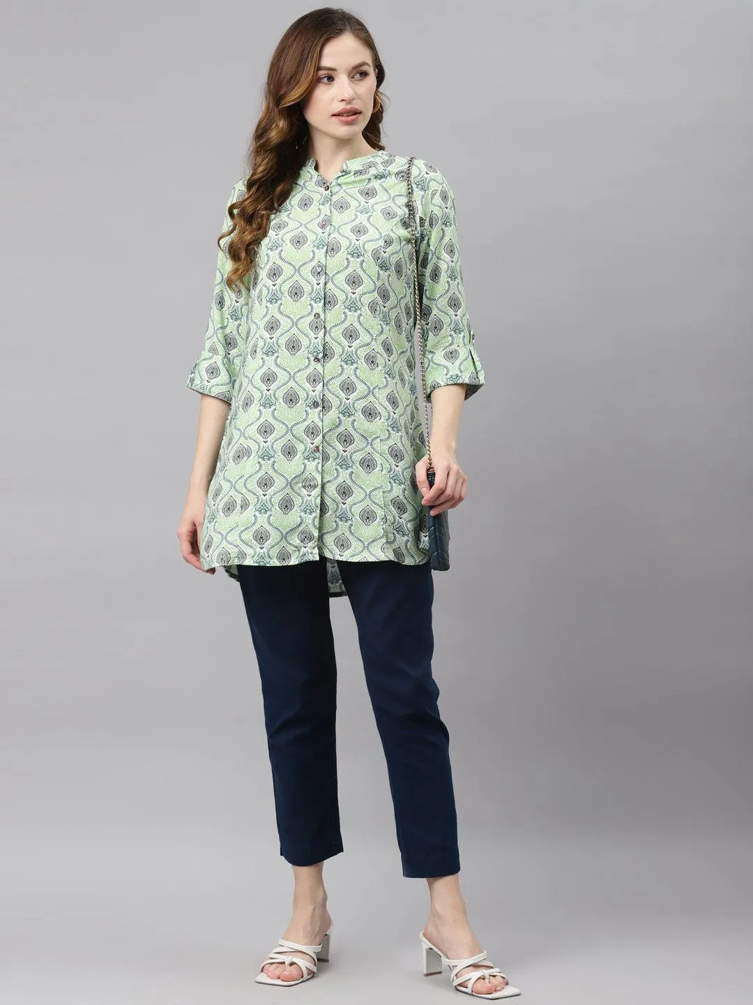 Divena Light Green Floral Rayon Shirt Style A-line Top