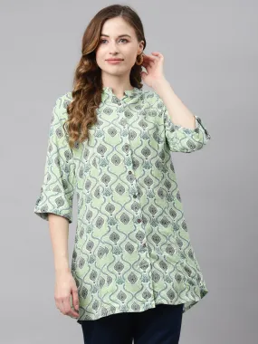 Divena Light Green Floral Rayon Shirt Style A-line Top