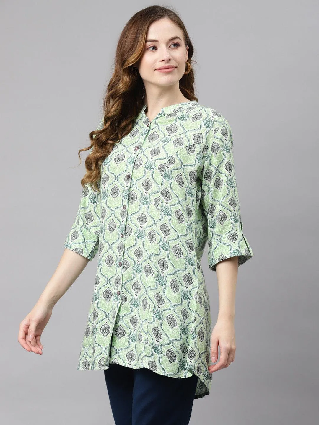 Divena Light Green Floral Rayon Shirt Style A-line Top