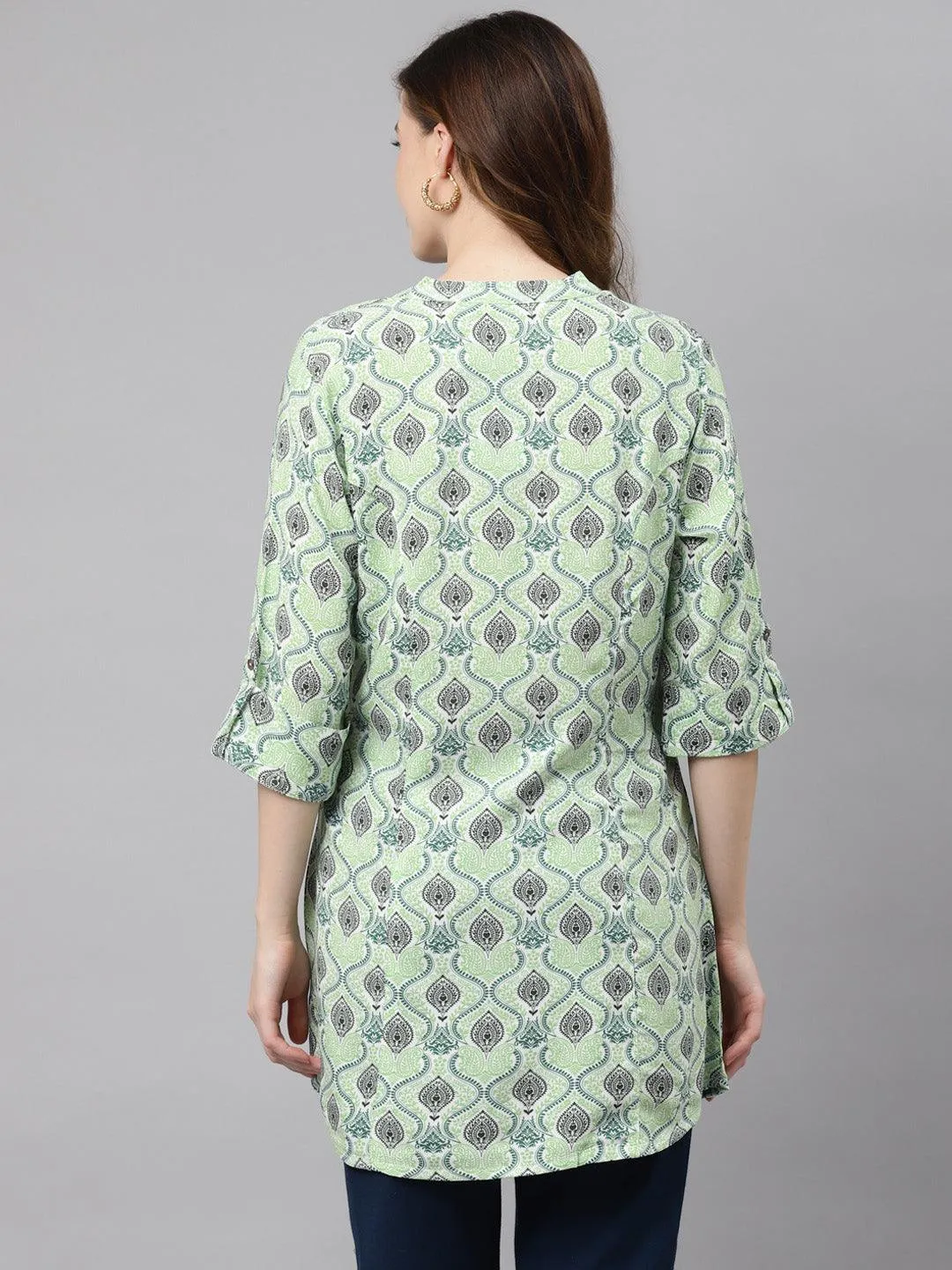 Divena Light Green Floral Rayon Shirt Style A-line Top