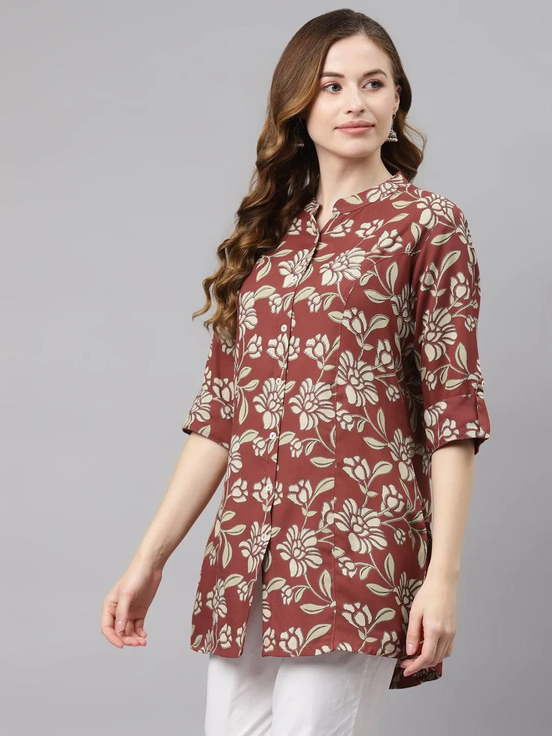 Divena Maroon Floral Rayon Shirt style A-line Top