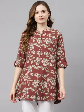 Divena Maroon Floral Rayon Shirt style A-line Top