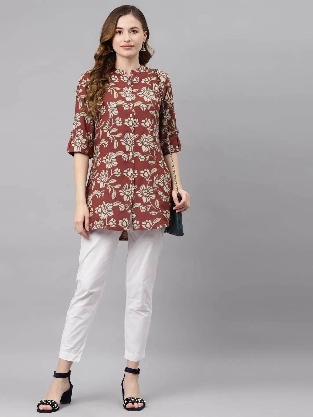 Divena Maroon Floral Rayon Shirt style A-line Top