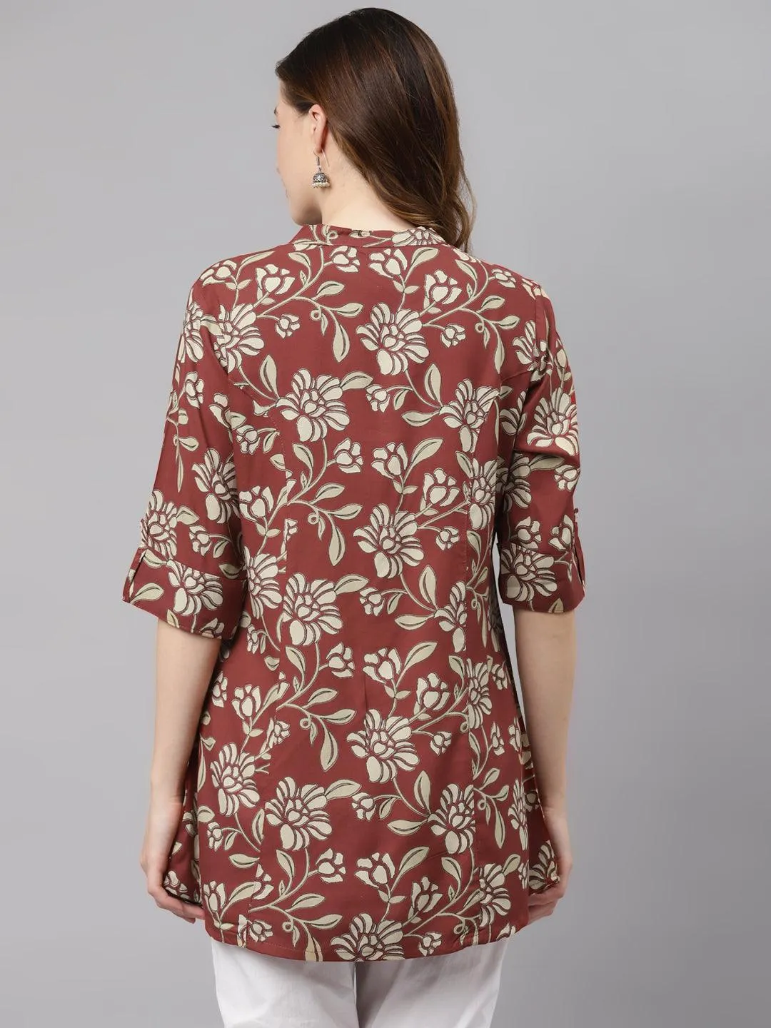 Divena Maroon Floral Rayon Shirt style A-line Top