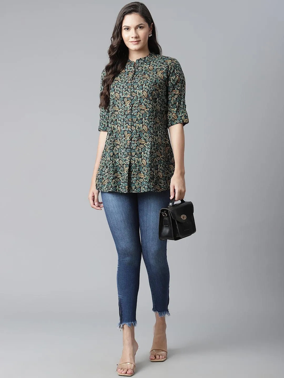 Divena Navy Blue Green Rayon Printed Top