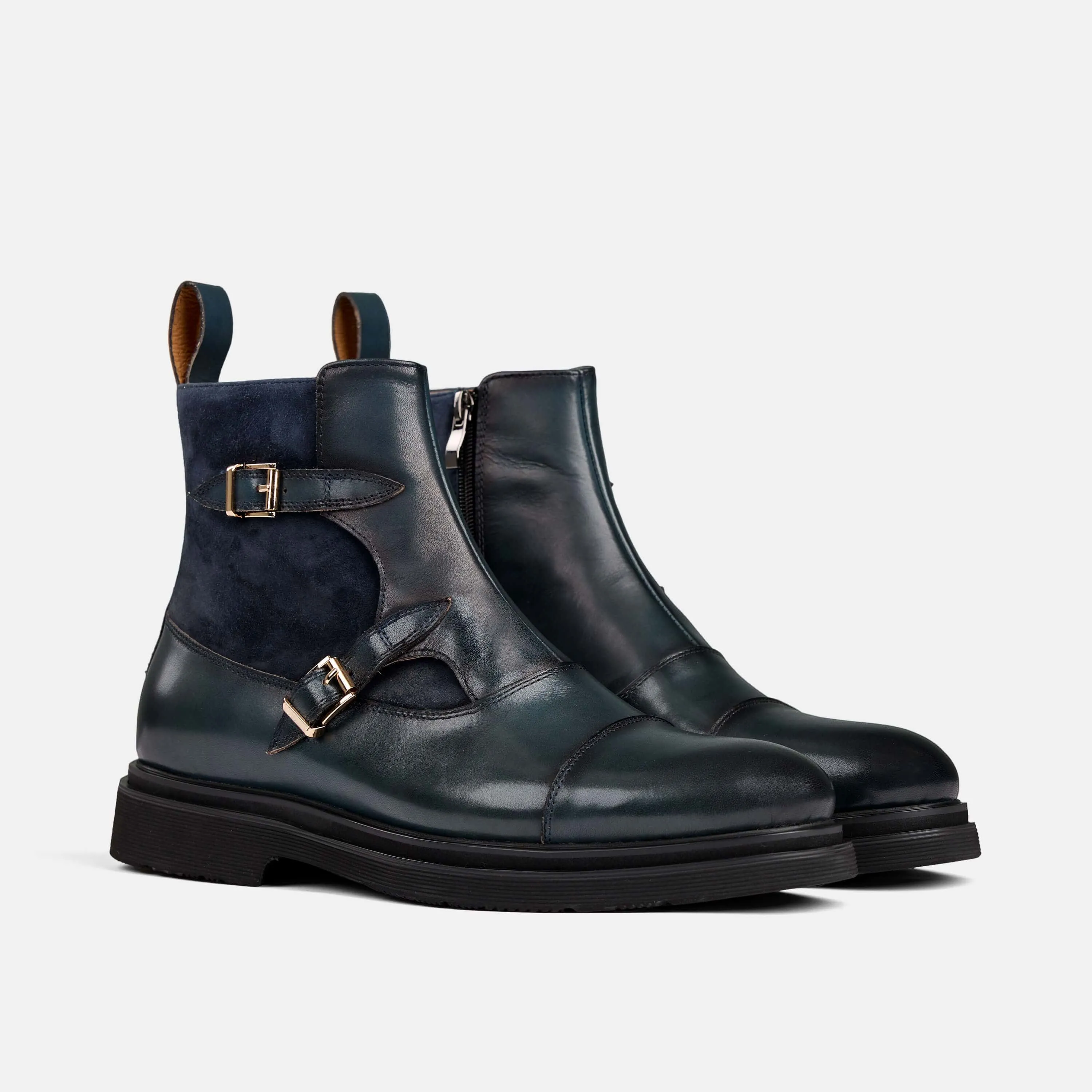 Grant Navy Leather Buckle Boots