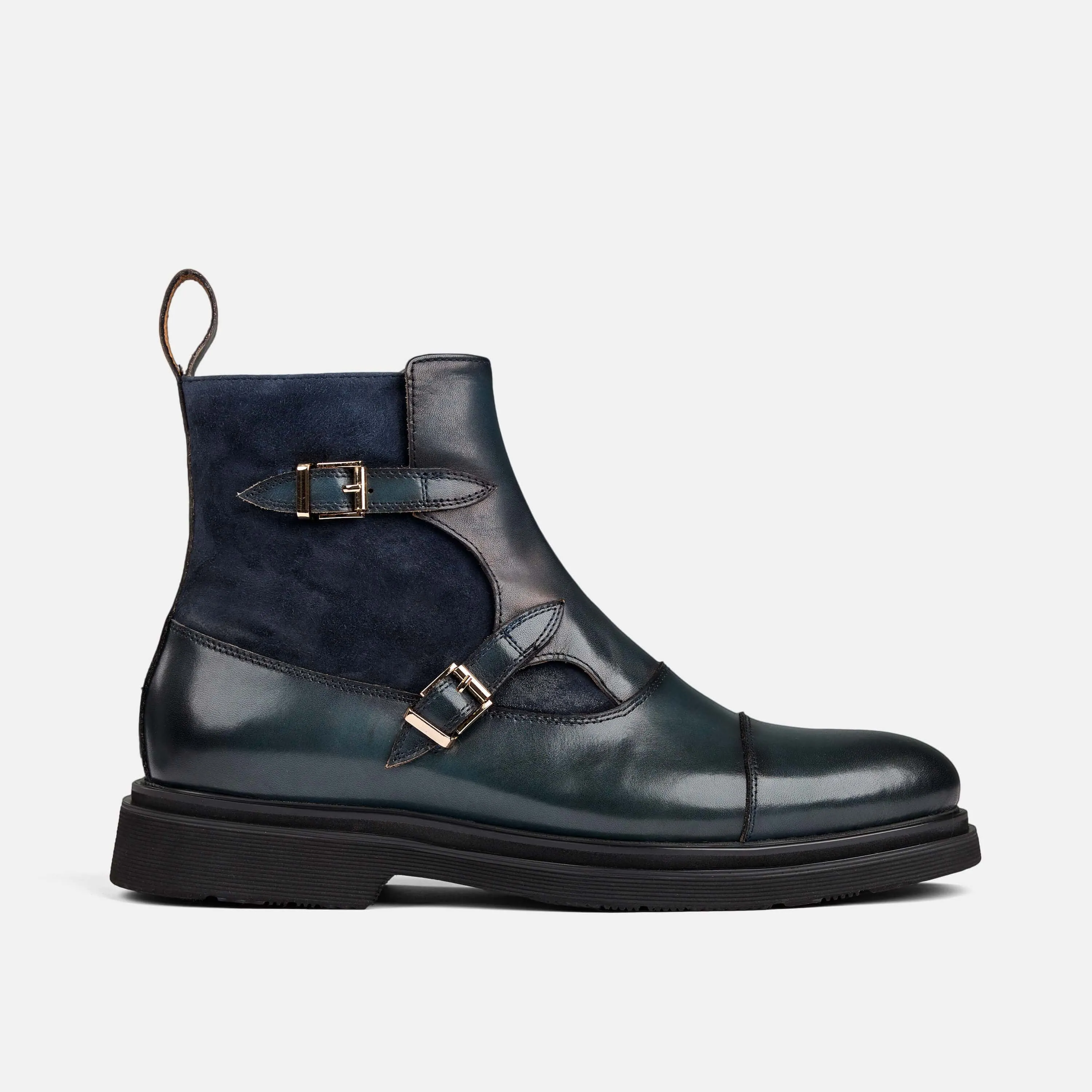 Grant Navy Leather Buckle Boots