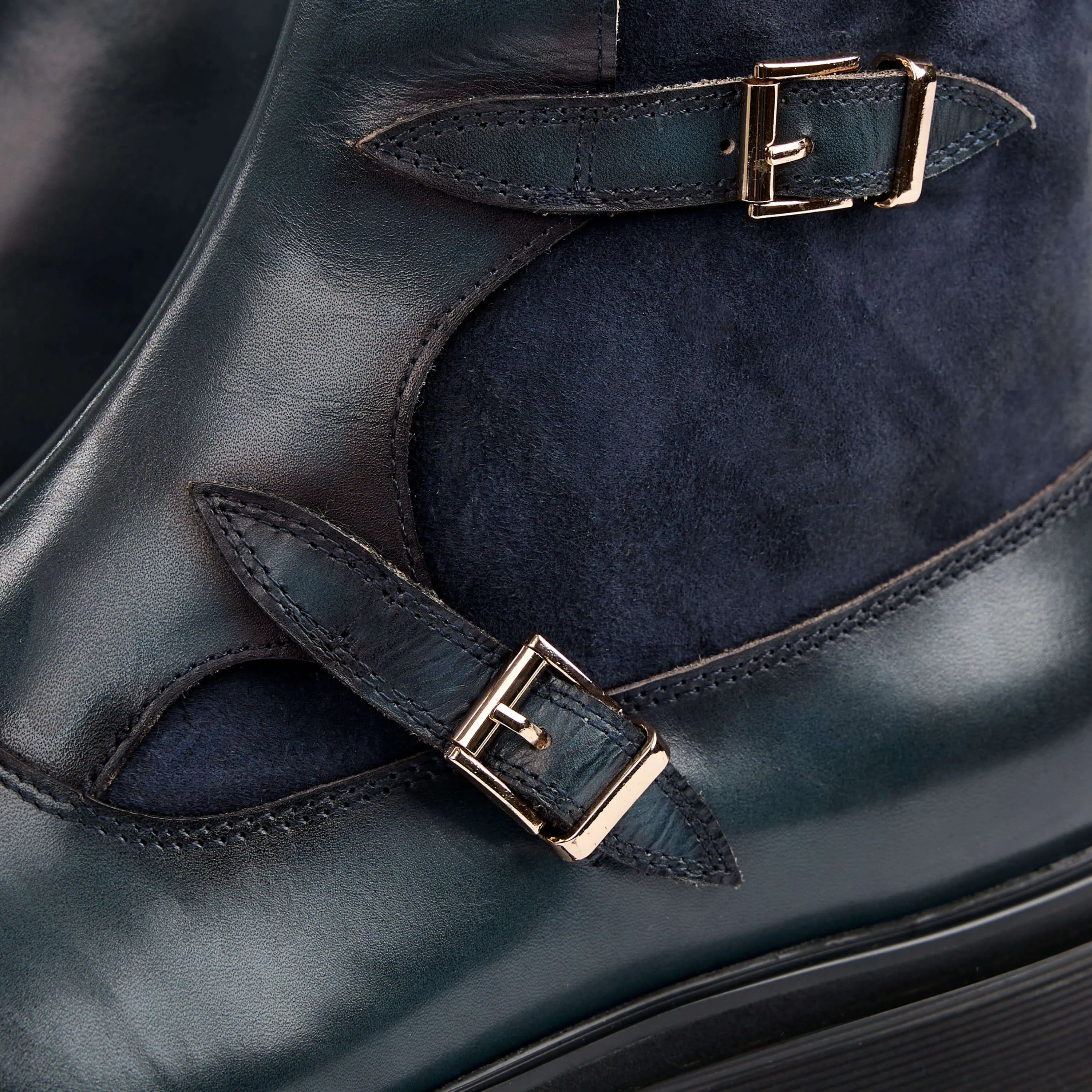 Grant Navy Leather Buckle Boots