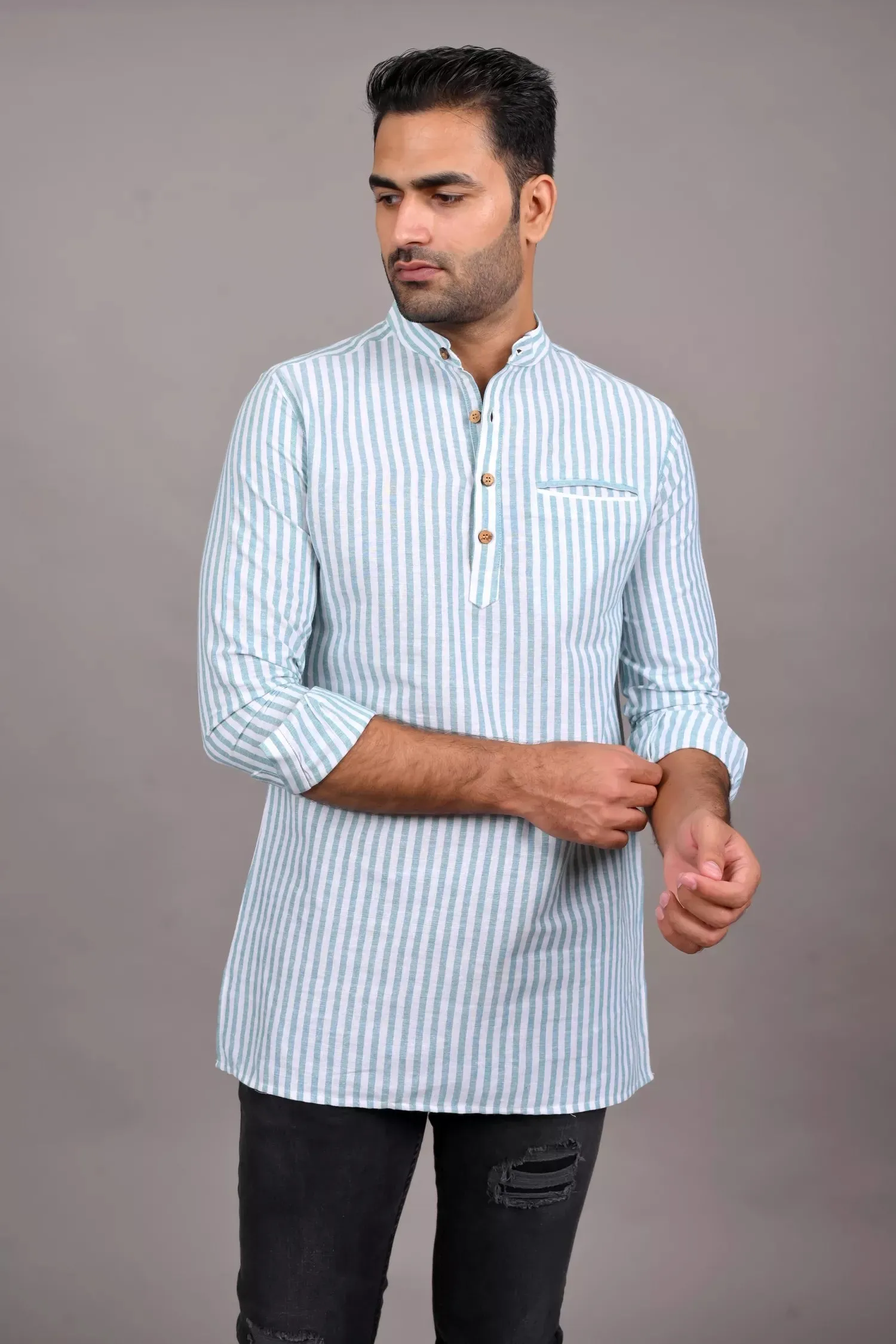 Green Striped Short Kurta