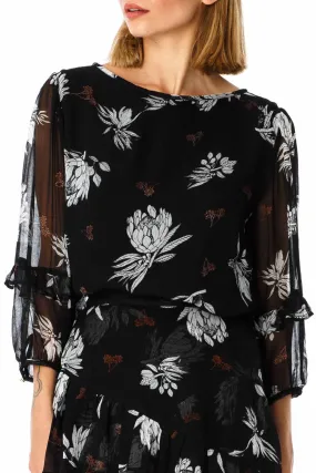 Habit Frill Sleeve Black Rayon Floral Print Top