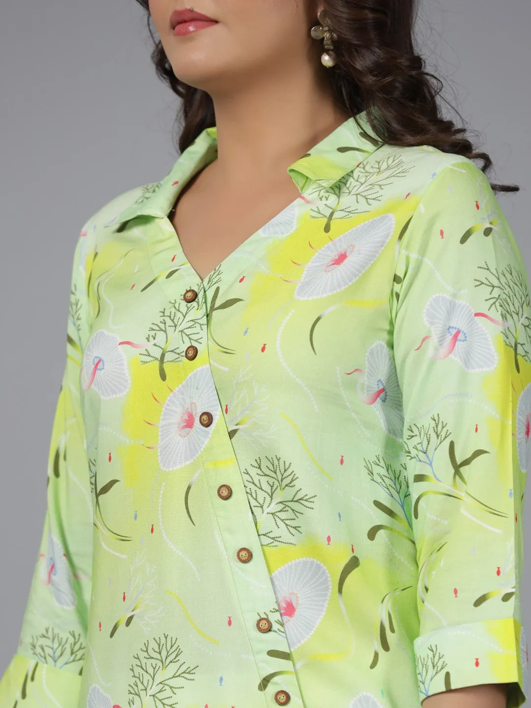 Juniper Lime Green Women Rayon Aquatic Printed & Asymmetric Kurta