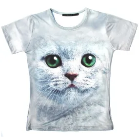 Kitty Cat Big Face Green Eyes Animal Print Graphic Tee T-Shirt in Grey for Women