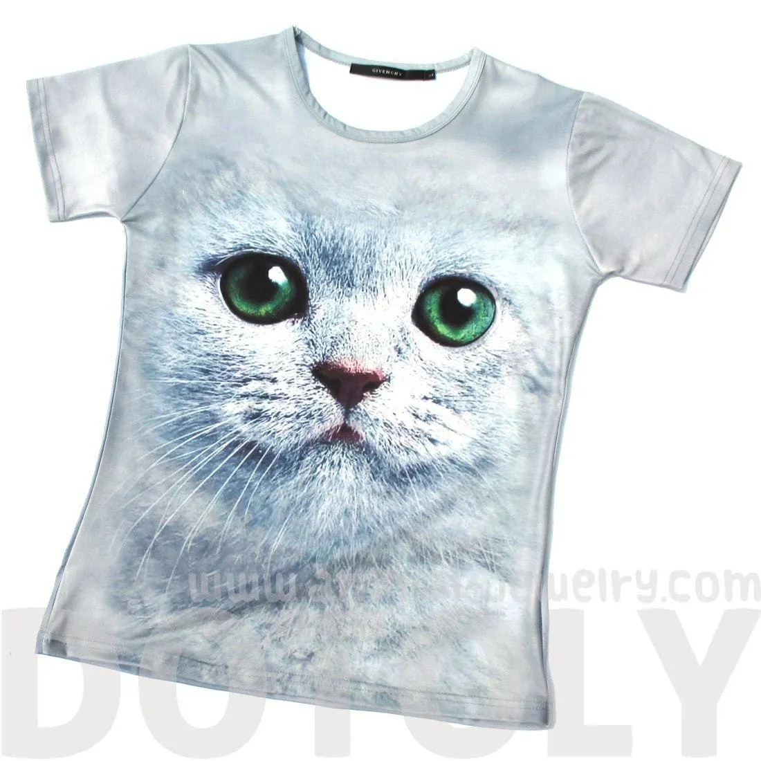 Kitty Cat Big Face Green Eyes Animal Print Graphic Tee T-Shirt in Grey for Women