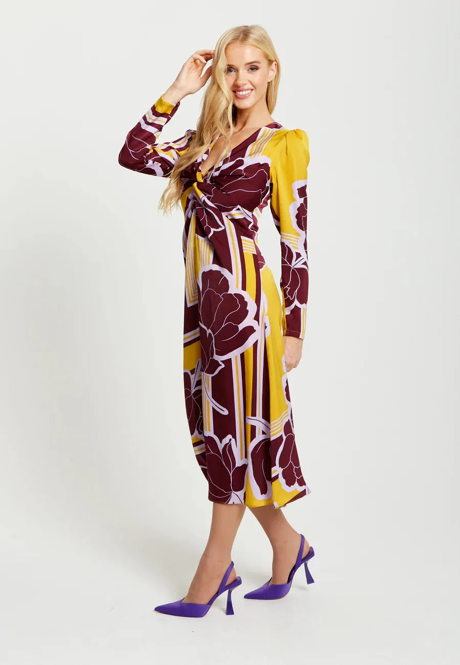 Liquorish Geometric Floral Print Knotted Midi Dress