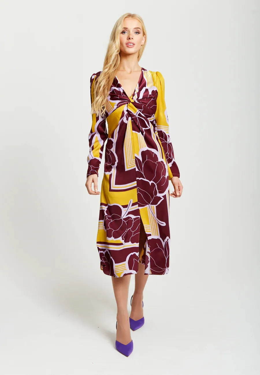 Liquorish Geometric Floral Print Knotted Midi Dress