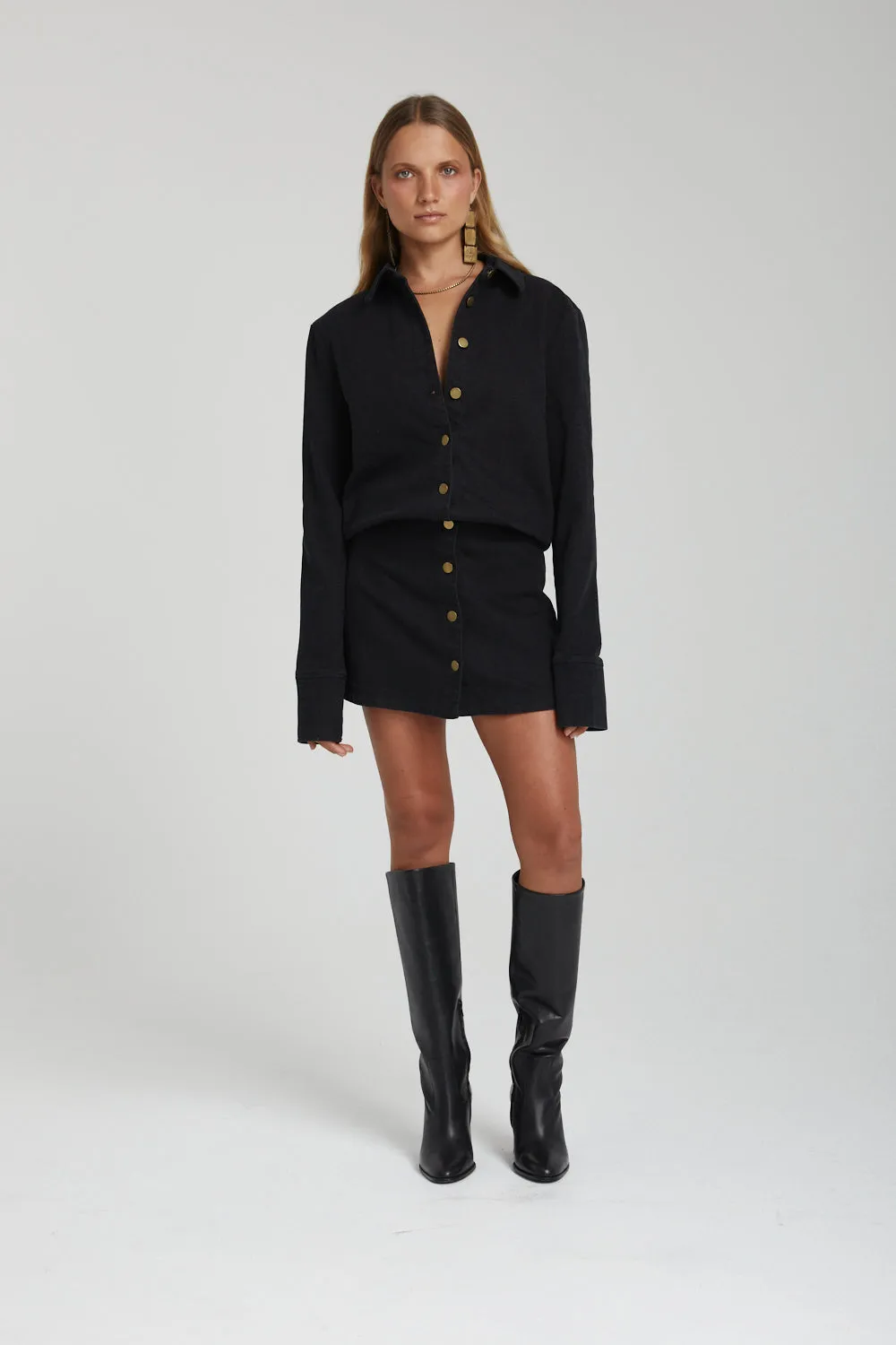 Long Sleeve Button Up Dress - Black Denim